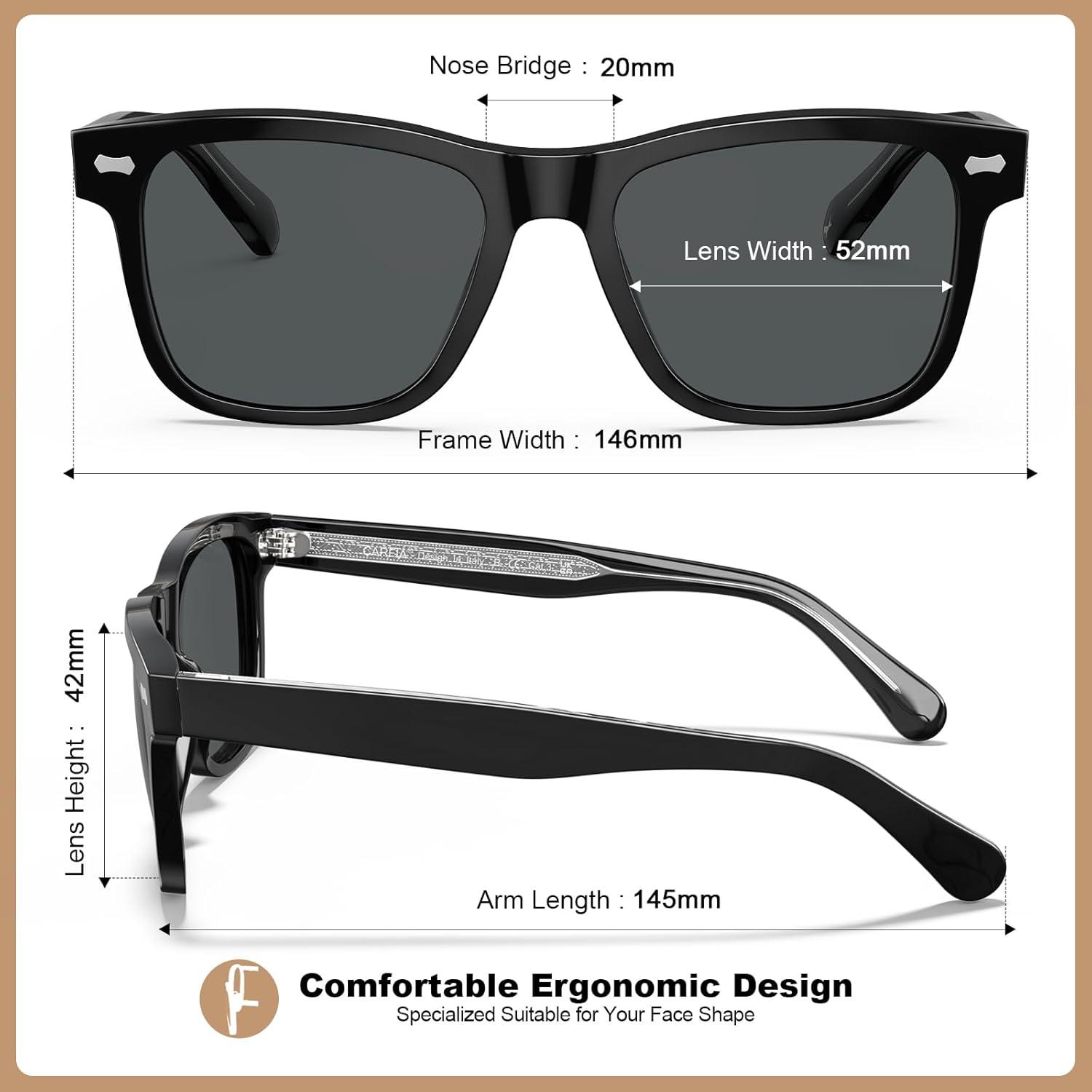 image:imageCARFIA Retro Acetate Polarized Sunglasses for Men UV Protection with Embossed Pattern Wire Core CA2301C1 Black Frame Gray Lens