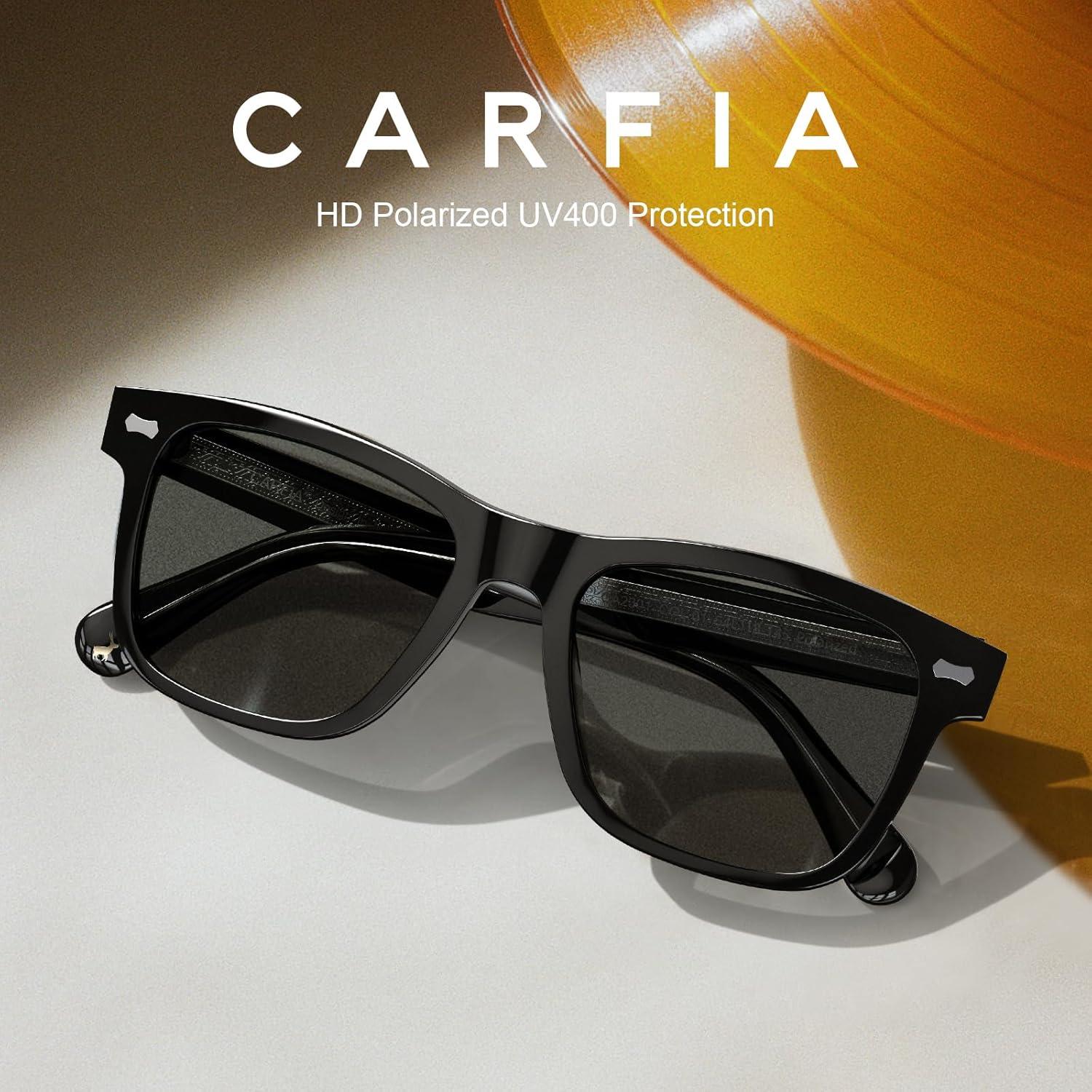 image:imageCARFIA Retro Acetate Polarized Sunglasses for Men UV Protection with Embossed Pattern Wire Core CA2301C1 Black Frame Gray Lens