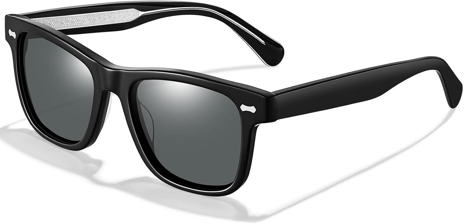 image:imageCARFIA Retro Acetate Polarized Sunglasses for Men UV Protection with Embossed Pattern Wire Core CA2301C1 Black Frame Gray Lens