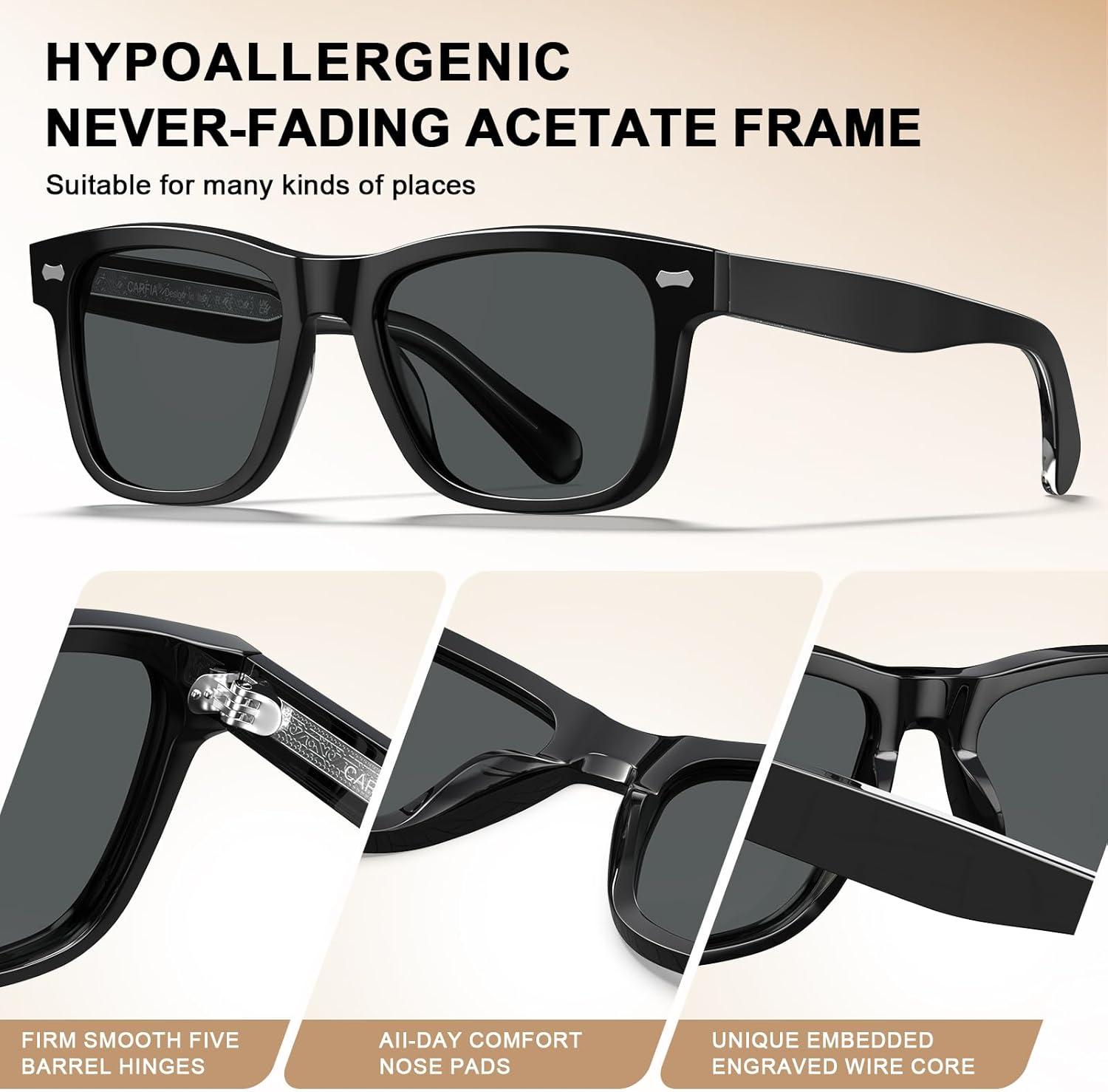 image:imageCARFIA Retro Acetate Polarized Sunglasses for Men UV Protection with Embossed Pattern Wire Core CA2301C1 Black Frame Gray Lens