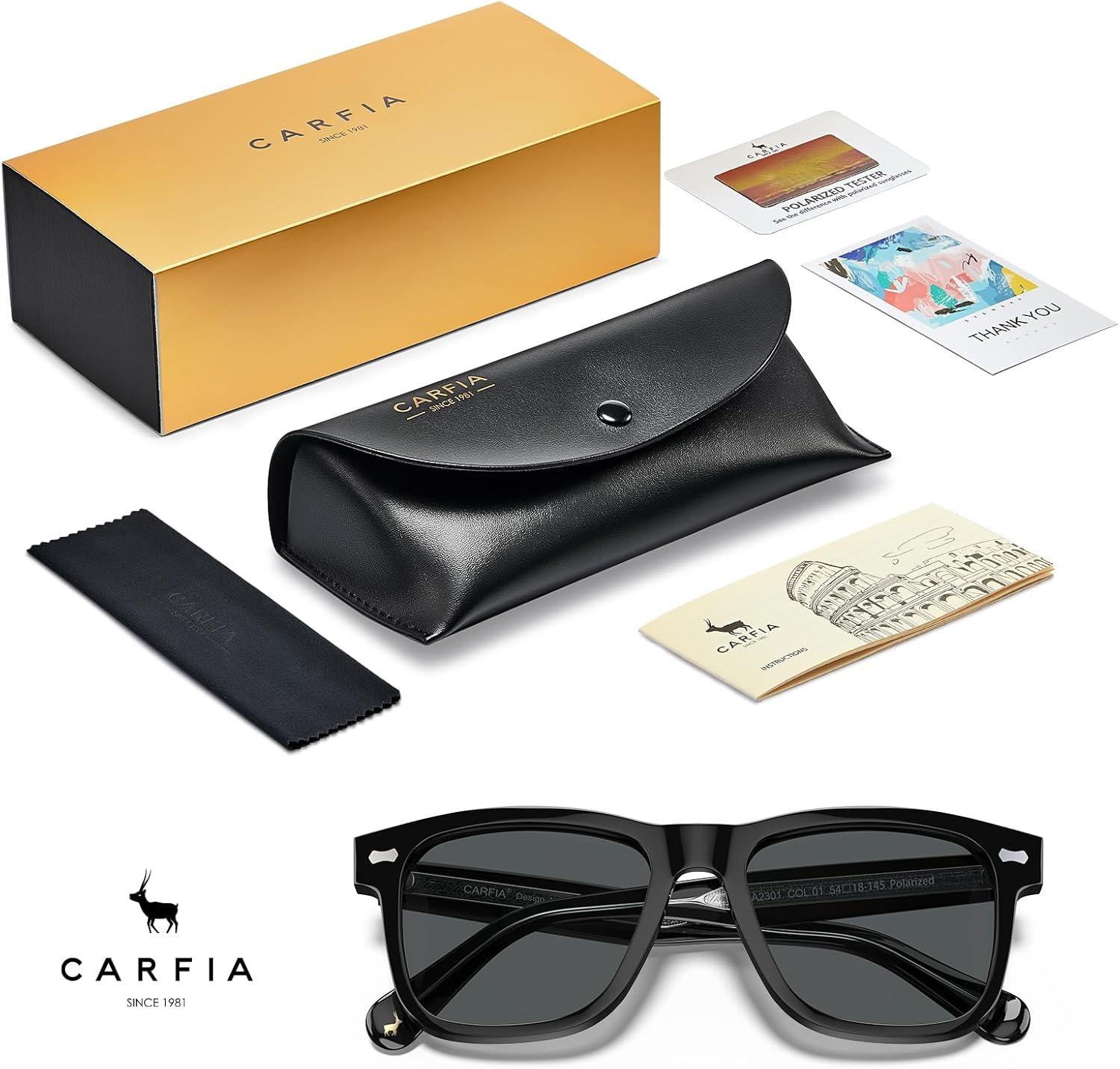 image:imageCARFIA Retro Acetate Polarized Sunglasses for Men UV Protection with Embossed Pattern Wire Core CA2301C1 Black Frame Gray Lens