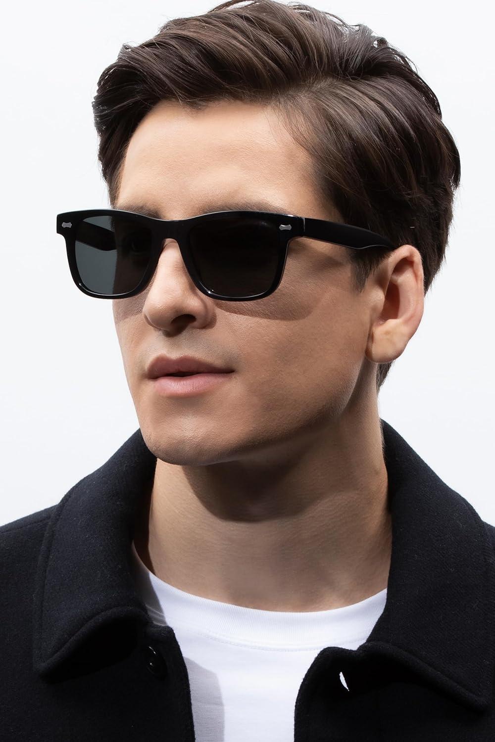 image:imageCARFIA Retro Acetate Polarized Sunglasses for Men UV Protection with Embossed Pattern Wire Core CA2301C1 Black Frame Gray Lens
