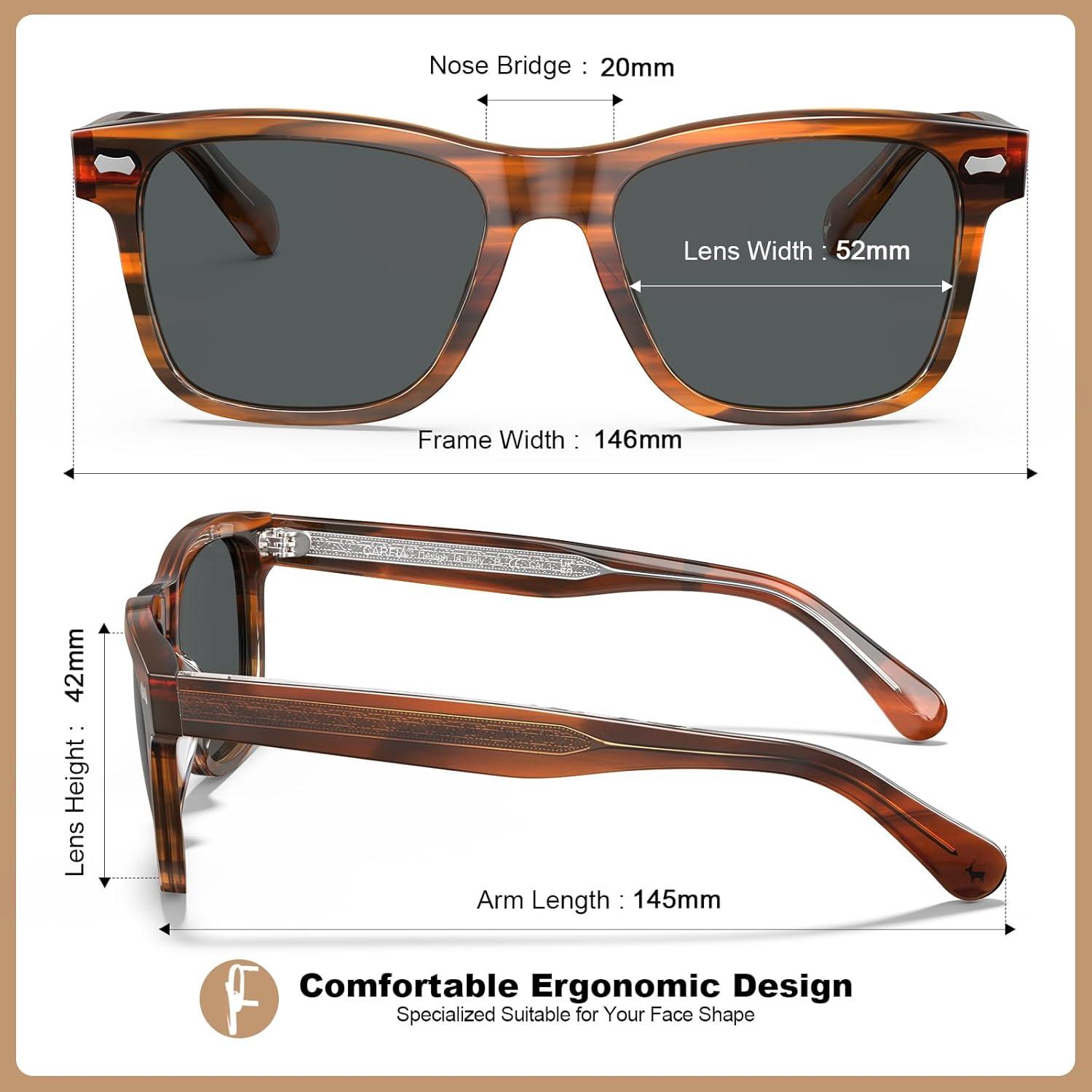 image:imageCARFIA Retro Acetate Polarized Sunglasses for Men UV Protection with Embossed Pattern Wire Core CA2301C2 Brown Striped Frame Gray Lens