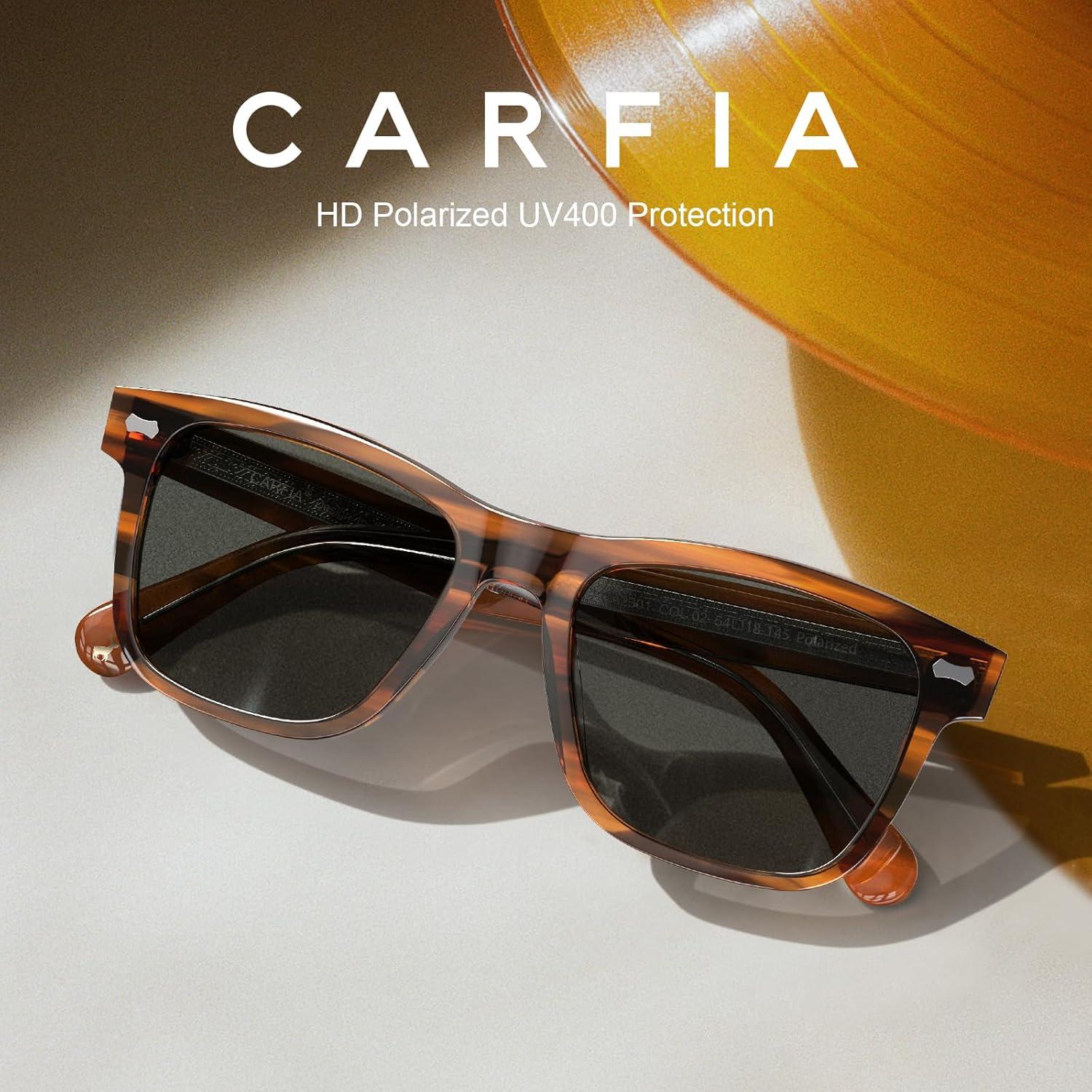 image:imageCARFIA Retro Acetate Polarized Sunglasses for Men UV Protection with Embossed Pattern Wire Core CA2301C2 Brown Striped Frame Gray Lens