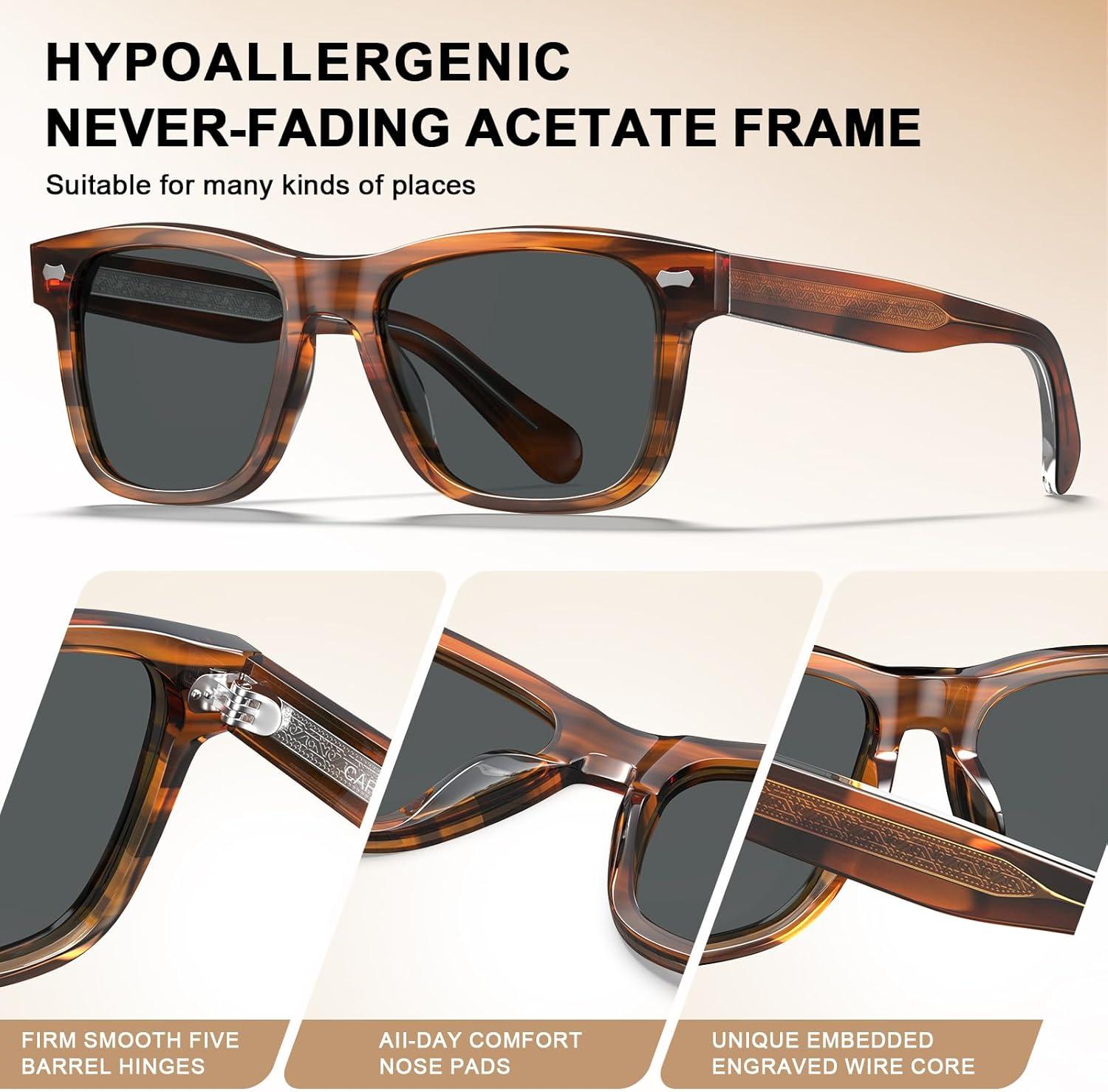 image:imageCARFIA Retro Acetate Polarized Sunglasses for Men UV Protection with Embossed Pattern Wire Core CA2301C2 Brown Striped Frame Gray Lens