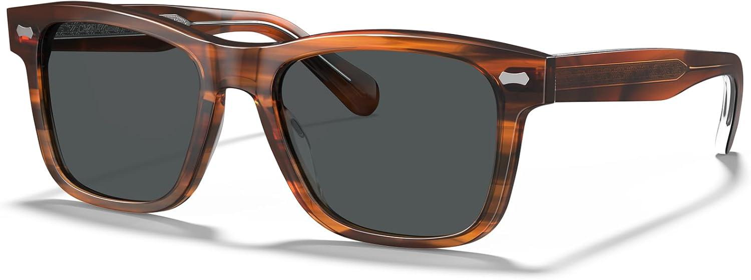 image:imageCARFIA Retro Acetate Polarized Sunglasses for Men UV Protection with Embossed Pattern Wire Core CA2301C2 Brown Striped Frame Gray Lens
