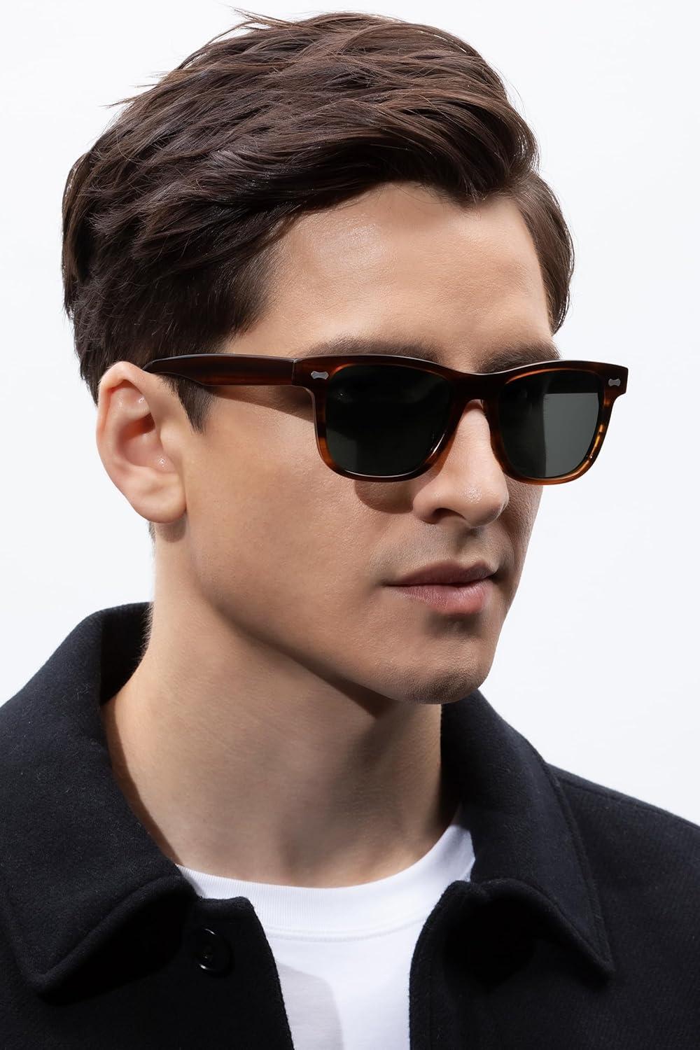 image:imageCARFIA Retro Acetate Polarized Sunglasses for Men UV Protection with Embossed Pattern Wire Core CA2301C2 Brown Striped Frame Gray Lens