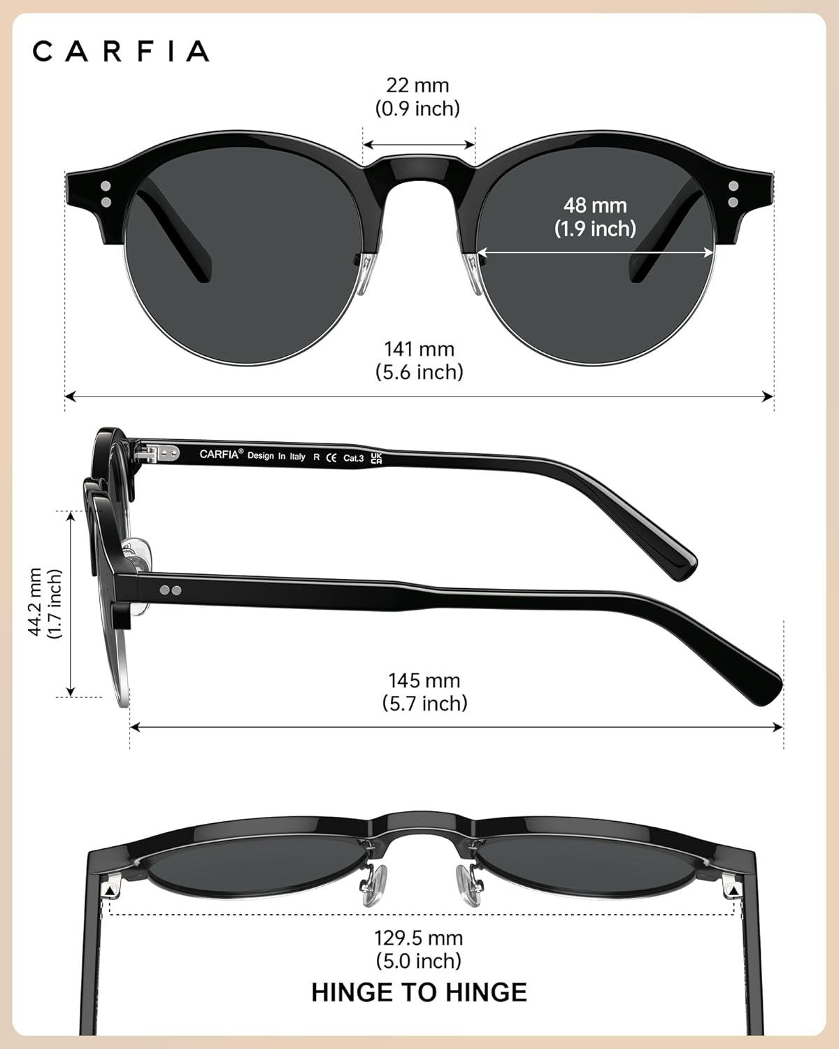 image:imageCARFIA Retro Round Polarized Sunglasses For Men Acetate SemiRimless Frames Driving Sun Glasses UV 400 Protection1 Black Frame Grey Lens