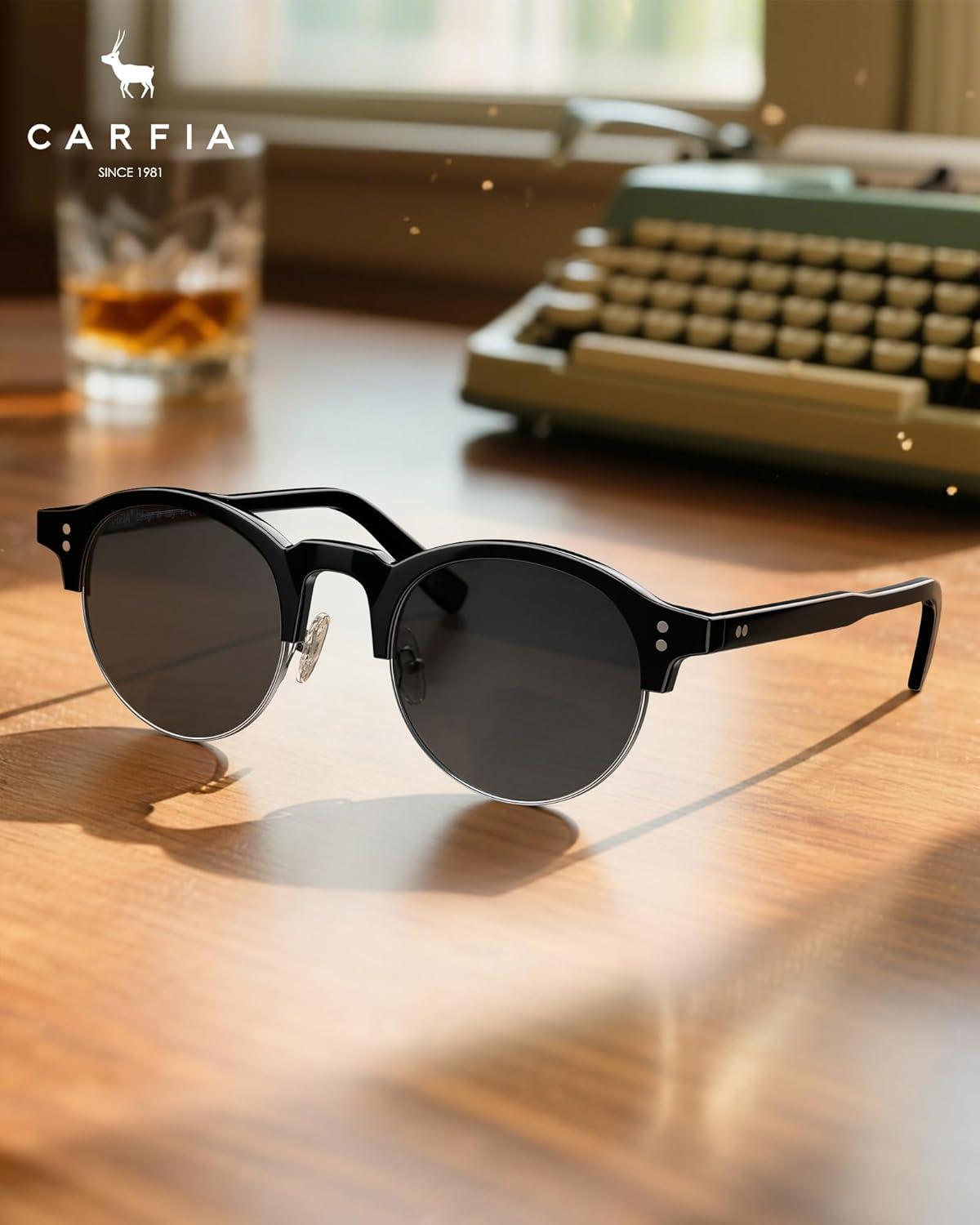 image:imageCARFIA Retro Round Polarized Sunglasses For Men Acetate SemiRimless Frames Driving Sun Glasses UV 400 Protection1 Black Frame Grey Lens