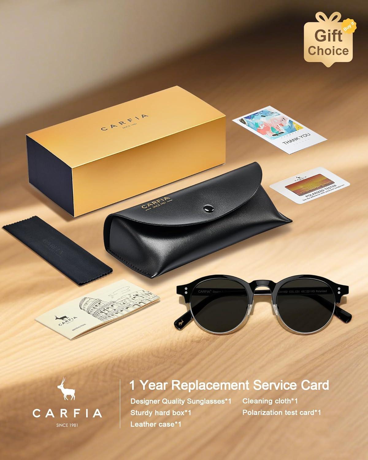 image:imageCARFIA Retro Round Polarized Sunglasses For Men Acetate SemiRimless Frames Driving Sun Glasses UV 400 Protection1 Black Frame Grey Lens