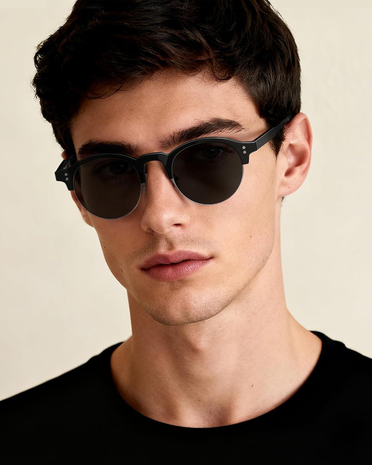 image:imageCARFIA Retro Round Polarized Sunglasses For Men Acetate SemiRimless Frames Driving Sun Glasses UV 400 Protection1 Black Frame Grey Lens