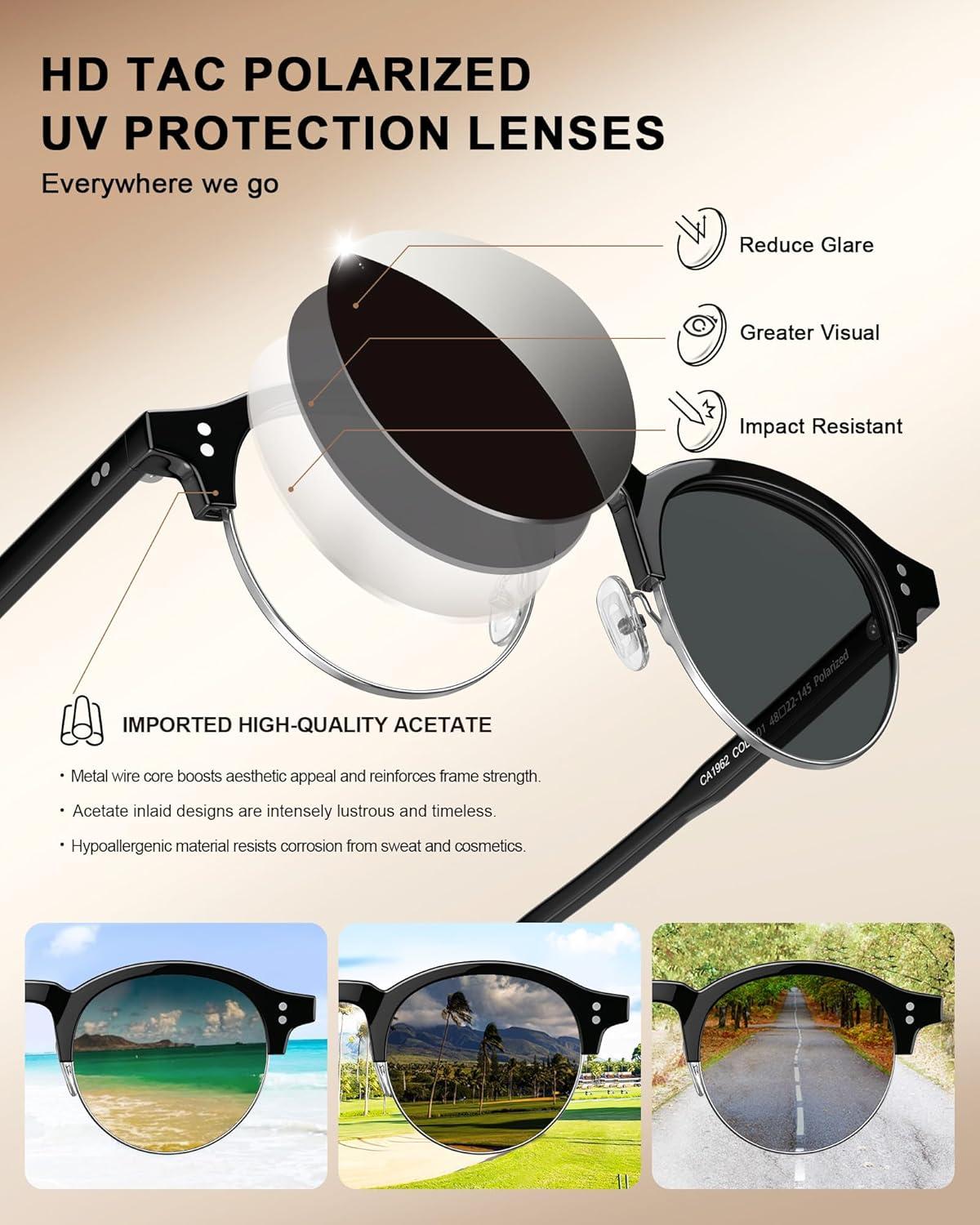image:imageCARFIA Retro Round Polarized Sunglasses For Men Acetate SemiRimless Frames Driving Sun Glasses UV 400 Protection1 Black Frame Grey Lens