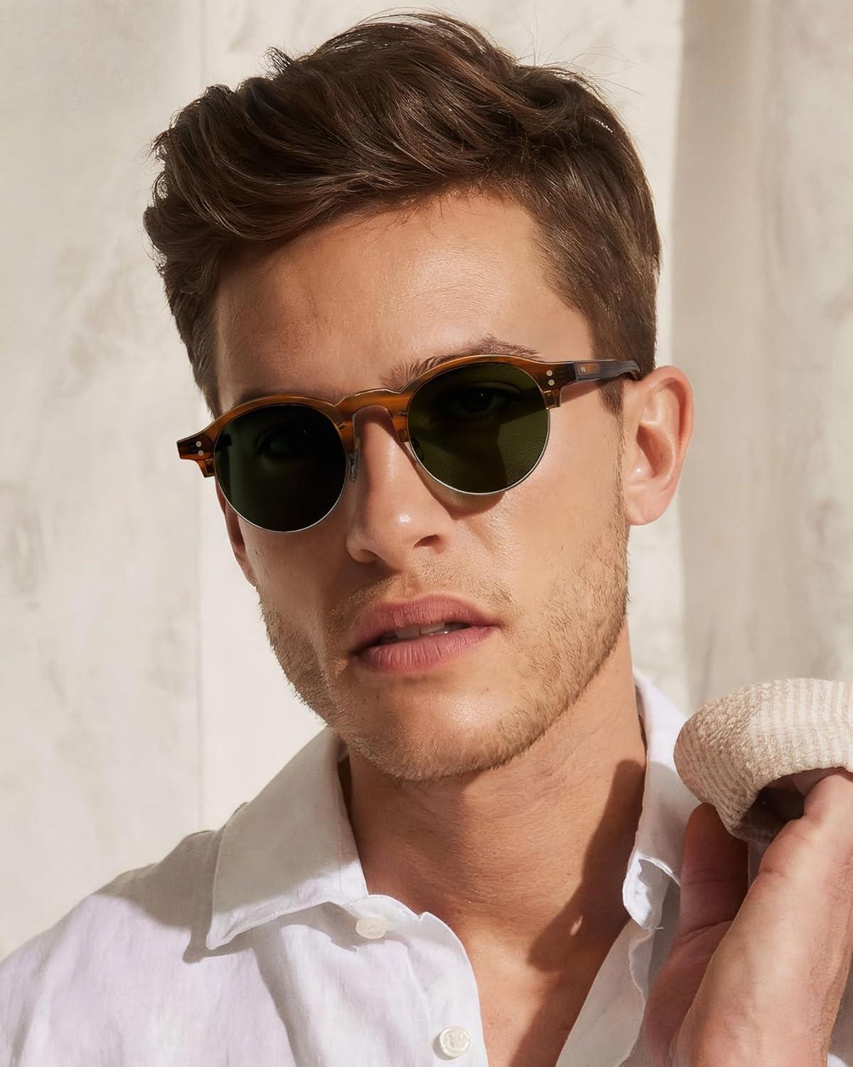 image:imageCARFIA Retro Round Polarized Sunglasses For Men Acetate SemiRimless Frames Driving Sun Glasses UV 400 Protection2 Green Lens