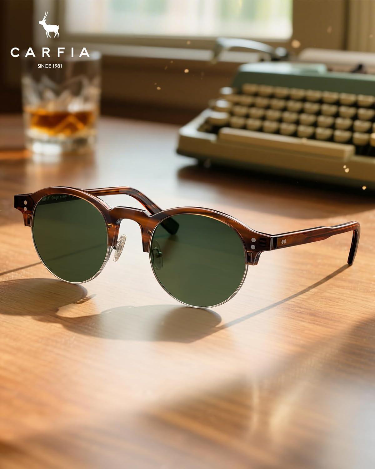 image:imageCARFIA Retro Round Polarized Sunglasses For Men Acetate SemiRimless Frames Driving Sun Glasses UV 400 Protection2 Green Lens