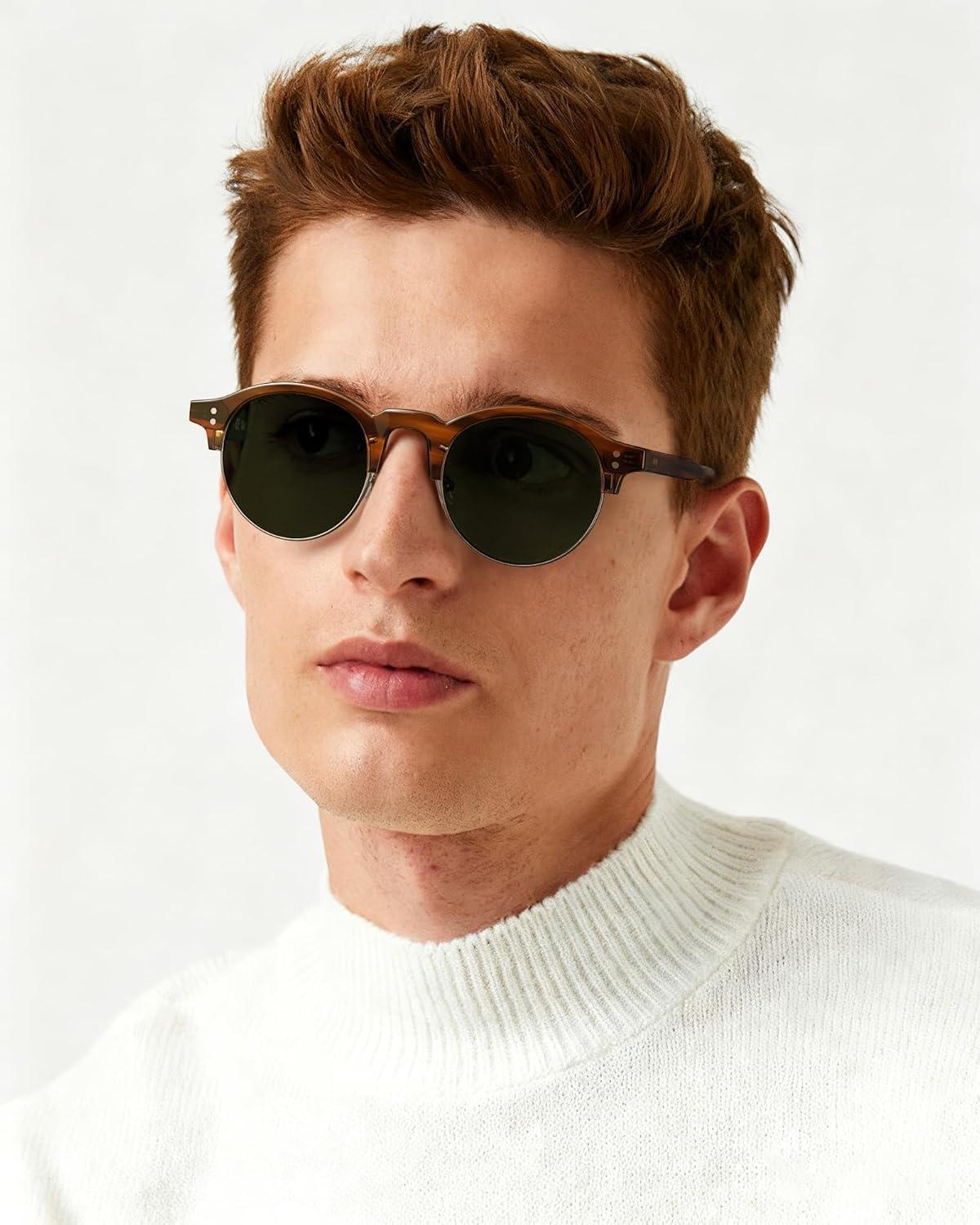 image:imageCARFIA Retro Round Polarized Sunglasses For Men Acetate SemiRimless Frames Driving Sun Glasses UV 400 Protection2 Green Lens