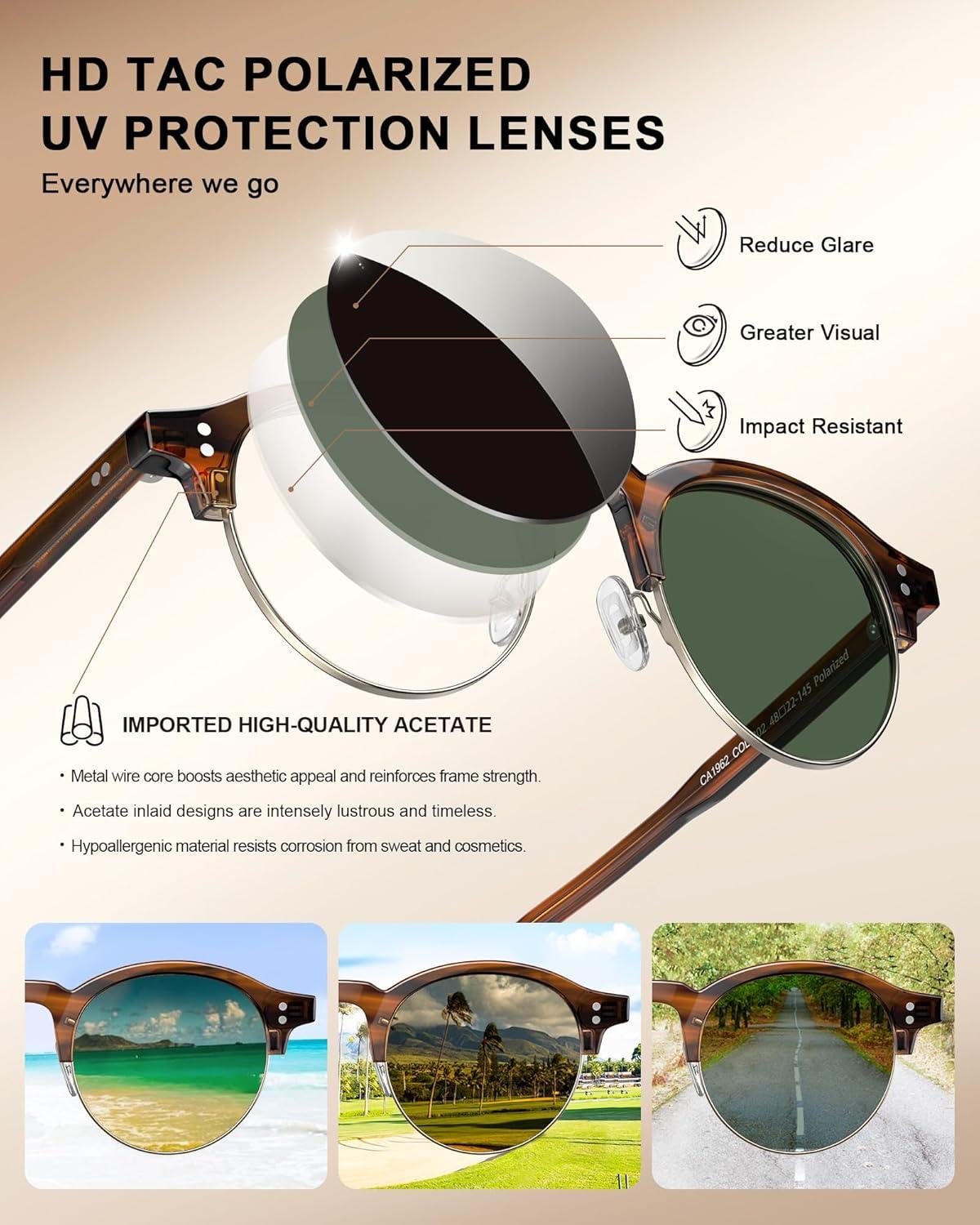 image:imageCARFIA Retro Round Polarized Sunglasses For Men Acetate SemiRimless Frames Driving Sun Glasses UV 400 Protection2 Green Lens