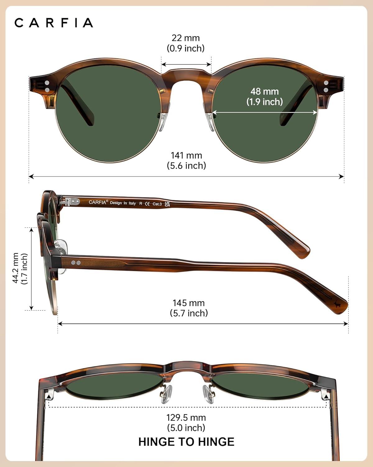 image:imageCARFIA Retro Round Polarized Sunglasses For Men Acetate SemiRimless Frames Driving Sun Glasses UV 400 Protection2 Green Lens