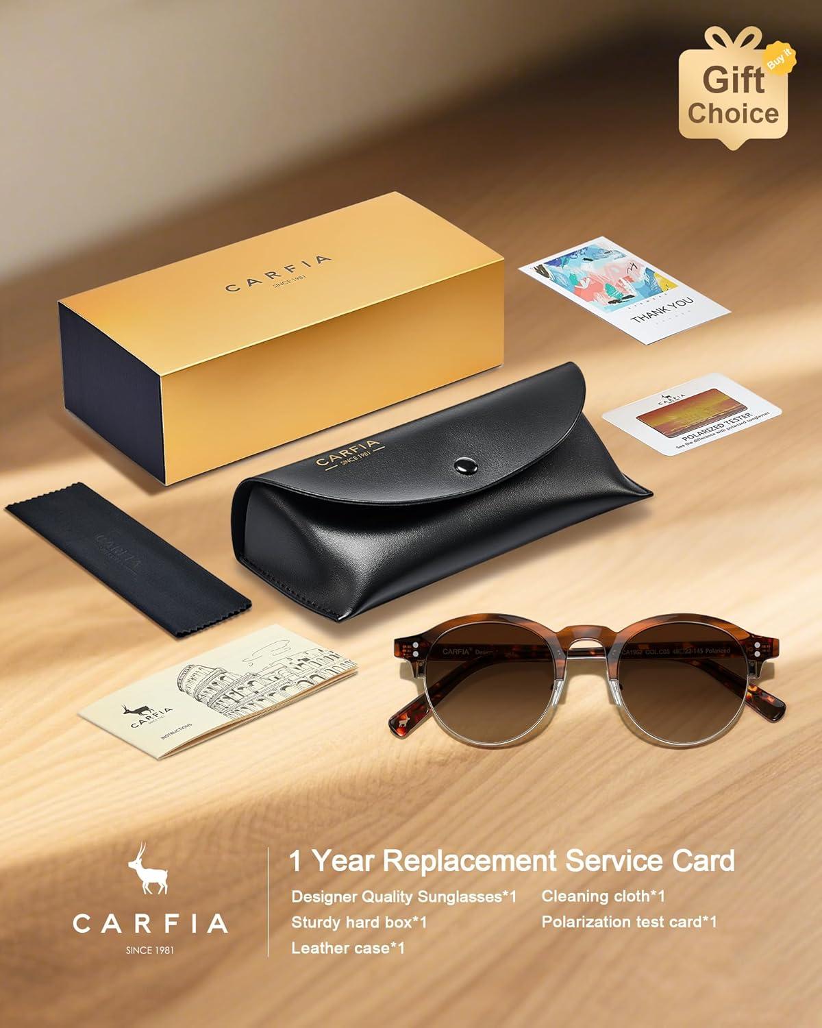 image:imageCARFIA Retro Round Polarized Sunglasses For Men Acetate SemiRimless Frames Driving Sun Glasses UV 400 Protection3 Striped Frame Tea Lens