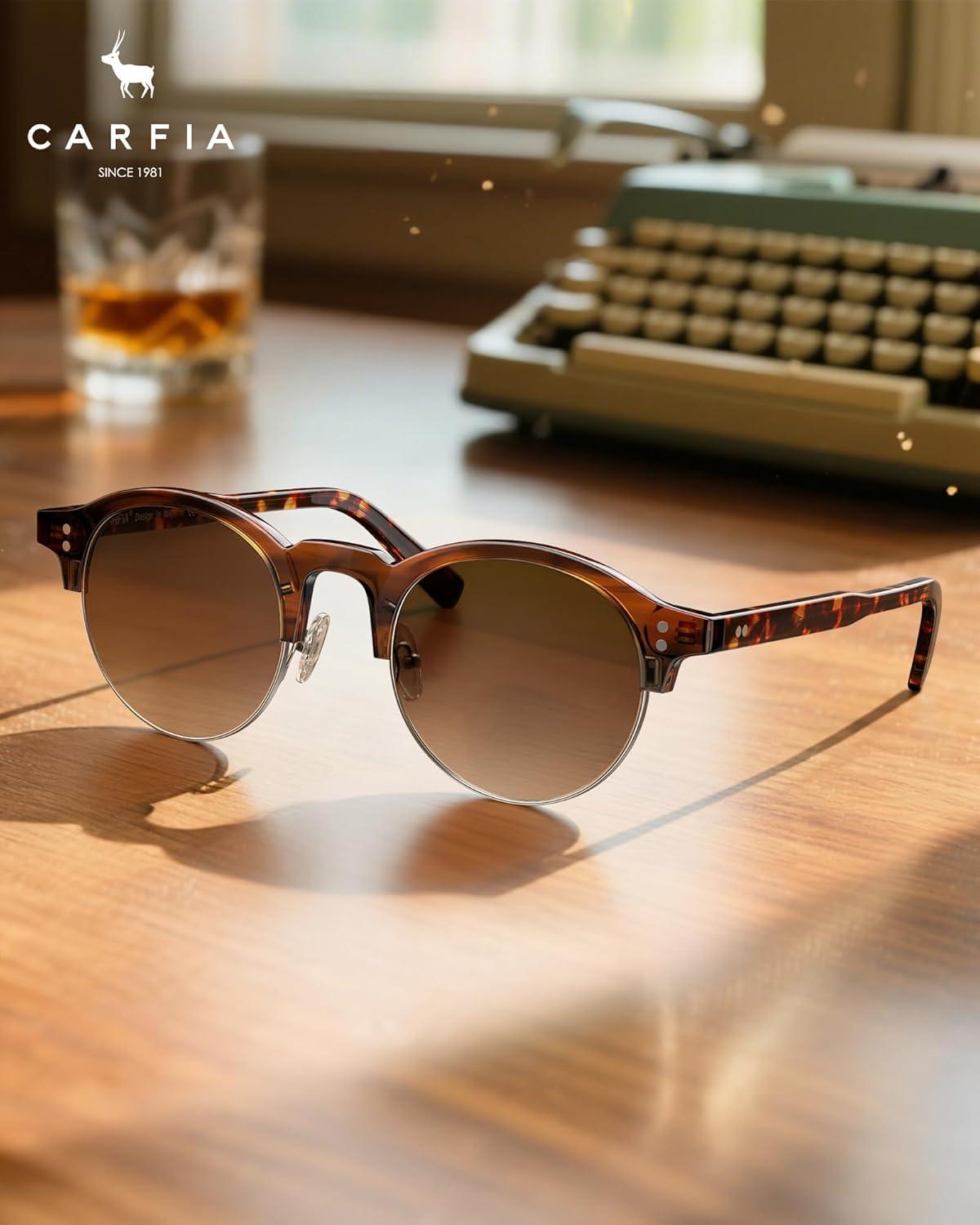 image:imageCARFIA Retro Round Polarized Sunglasses For Men Acetate SemiRimless Frames Driving Sun Glasses UV 400 Protection3 Striped Frame Tea Lens