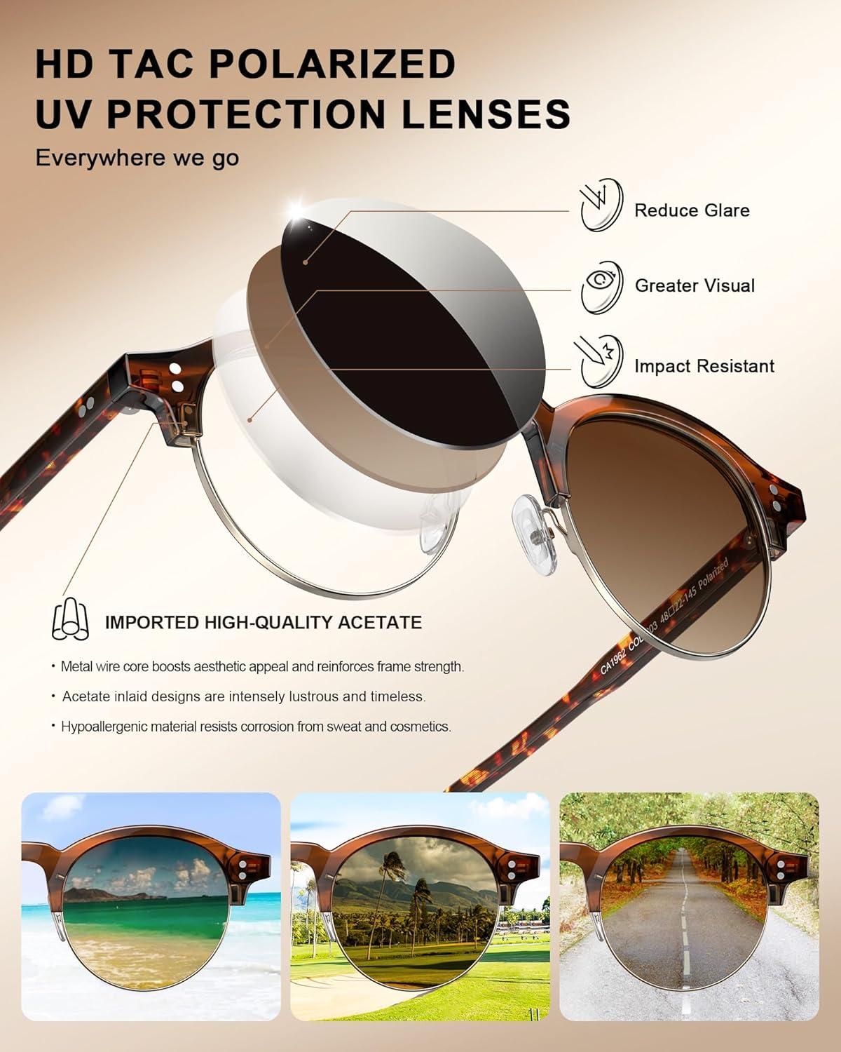image:imageCARFIA Retro Round Polarized Sunglasses For Men Acetate SemiRimless Frames Driving Sun Glasses UV 400 Protection3 Striped Frame Tea Lens