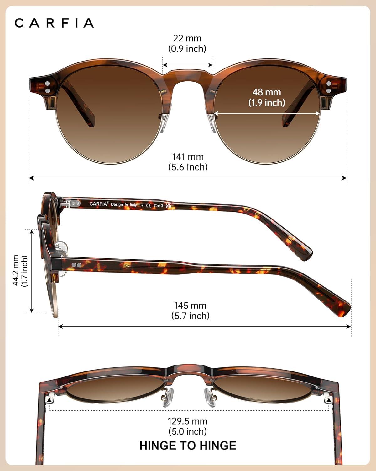 image:imageCARFIA Retro Round Polarized Sunglasses For Men Acetate SemiRimless Frames Driving Sun Glasses UV 400 Protection3 Striped Frame Tea Lens
