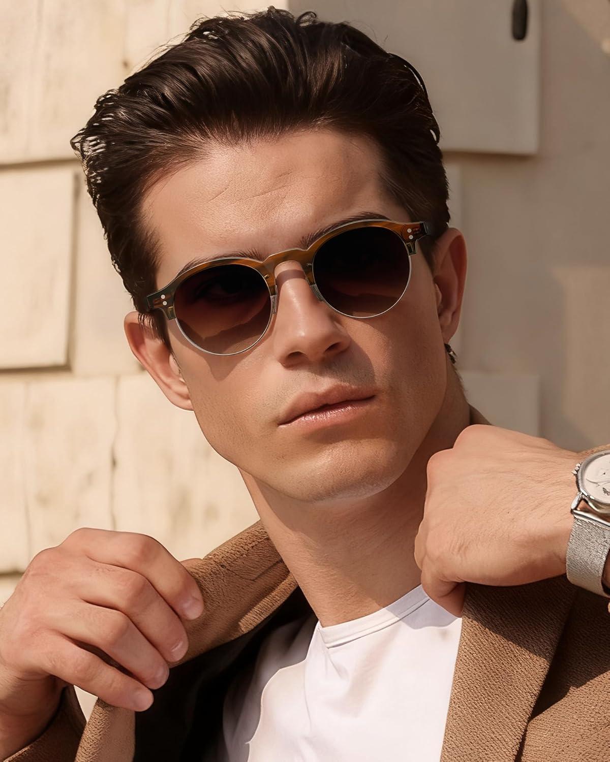 image:imageCARFIA Retro Round Polarized Sunglasses For Men Acetate SemiRimless Frames Driving Sun Glasses UV 400 Protection3 Striped Frame Tea Lens