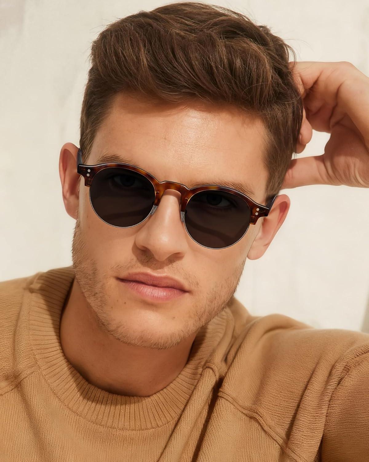 image:imageCARFIA Retro Round Polarized Sunglasses For Men Acetate SemiRimless Frames Driving Sun Glasses UV 400 Protection4 Tortoise Frame Grey Lens