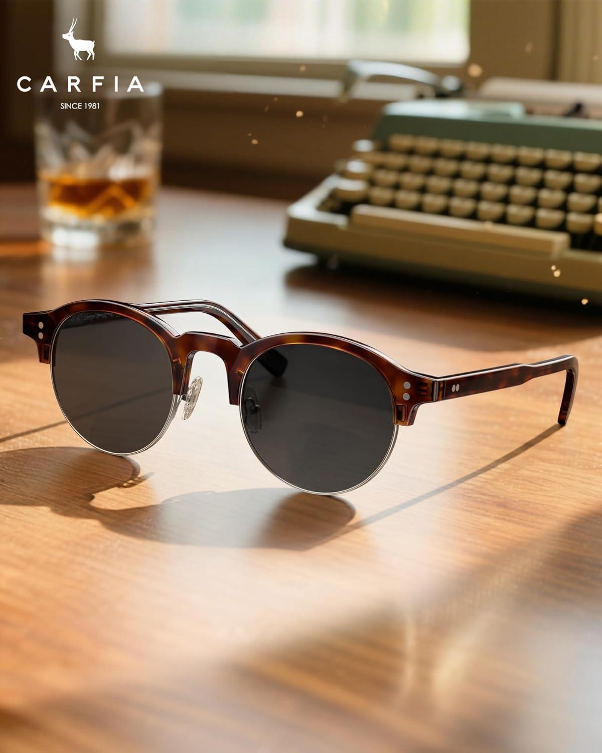 image:imageCARFIA Retro Round Polarized Sunglasses For Men Acetate SemiRimless Frames Driving Sun Glasses UV 400 Protection4 Tortoise Frame Grey Lens