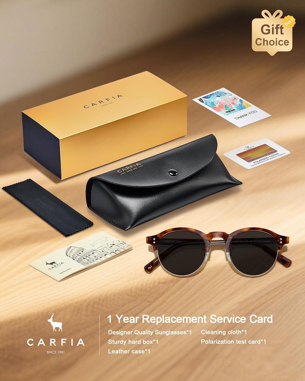 image:imageCARFIA Retro Round Polarized Sunglasses For Men Acetate SemiRimless Frames Driving Sun Glasses UV 400 Protection4 Tortoise Frame Grey Lens