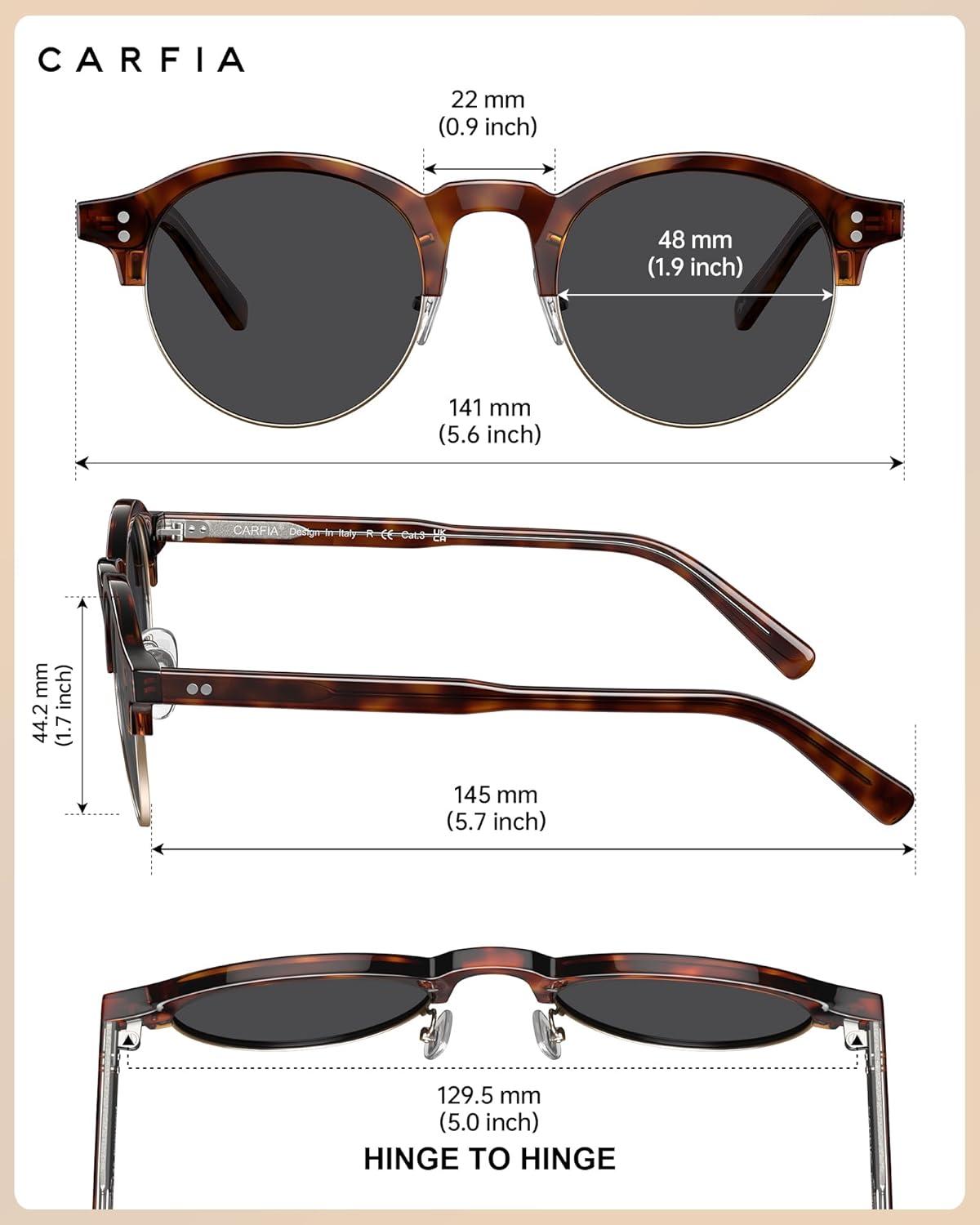 image:imageCARFIA Retro Round Polarized Sunglasses For Men Acetate SemiRimless Frames Driving Sun Glasses UV 400 Protection4 Tortoise Frame Grey Lens
