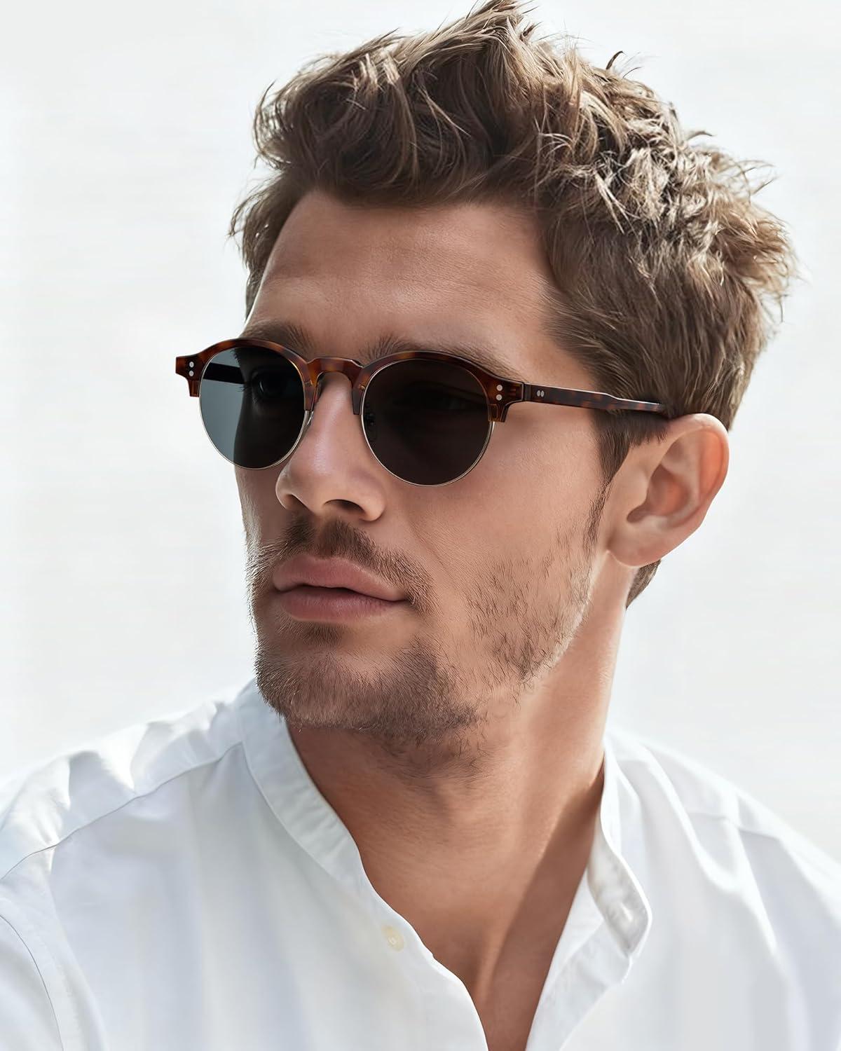 image:imageCARFIA Retro Round Polarized Sunglasses For Men Acetate SemiRimless Frames Driving Sun Glasses UV 400 Protection4 Tortoise Frame Grey Lens
