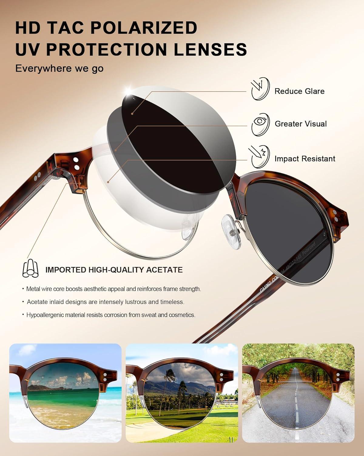 image:imageCARFIA Retro Round Polarized Sunglasses For Men Acetate SemiRimless Frames Driving Sun Glasses UV 400 Protection4 Tortoise Frame Grey Lens
