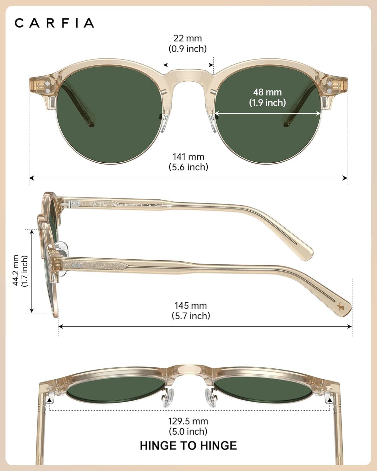 image:imageCARFIA Retro Round Polarized Sunglasses For Men Acetate SemiRimless Frames Driving Sun Glasses UV 400 Protection5 Tea Frame Green Lens