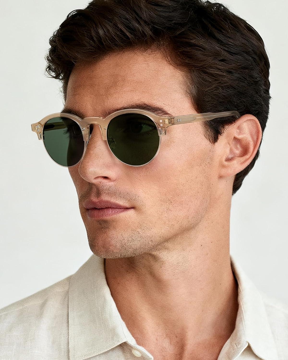 image:imageCARFIA Retro Round Polarized Sunglasses For Men Acetate SemiRimless Frames Driving Sun Glasses UV 400 Protection5 Tea Frame Green Lens