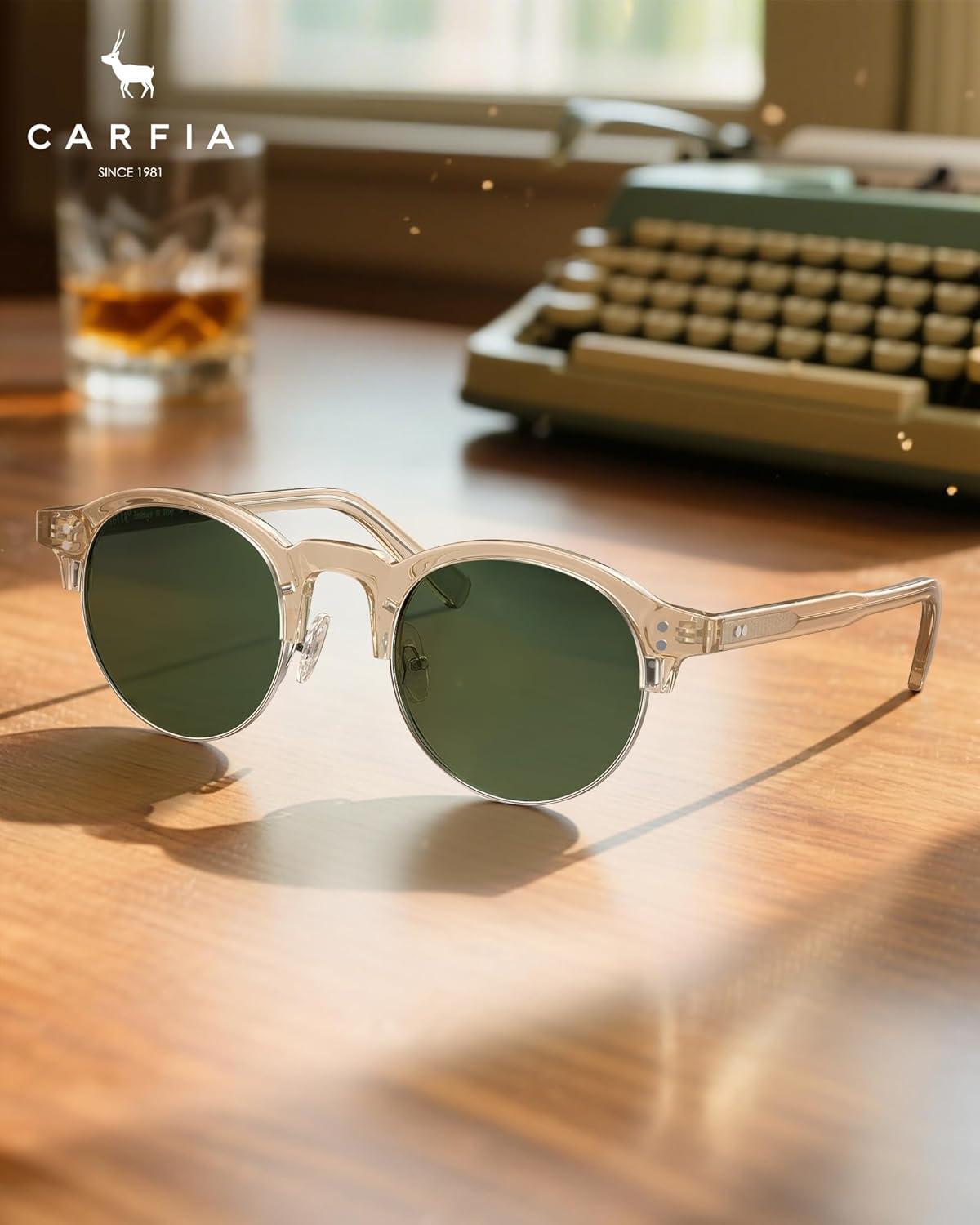image:imageCARFIA Retro Round Polarized Sunglasses For Men Acetate SemiRimless Frames Driving Sun Glasses UV 400 Protection5 Tea Frame Green Lens