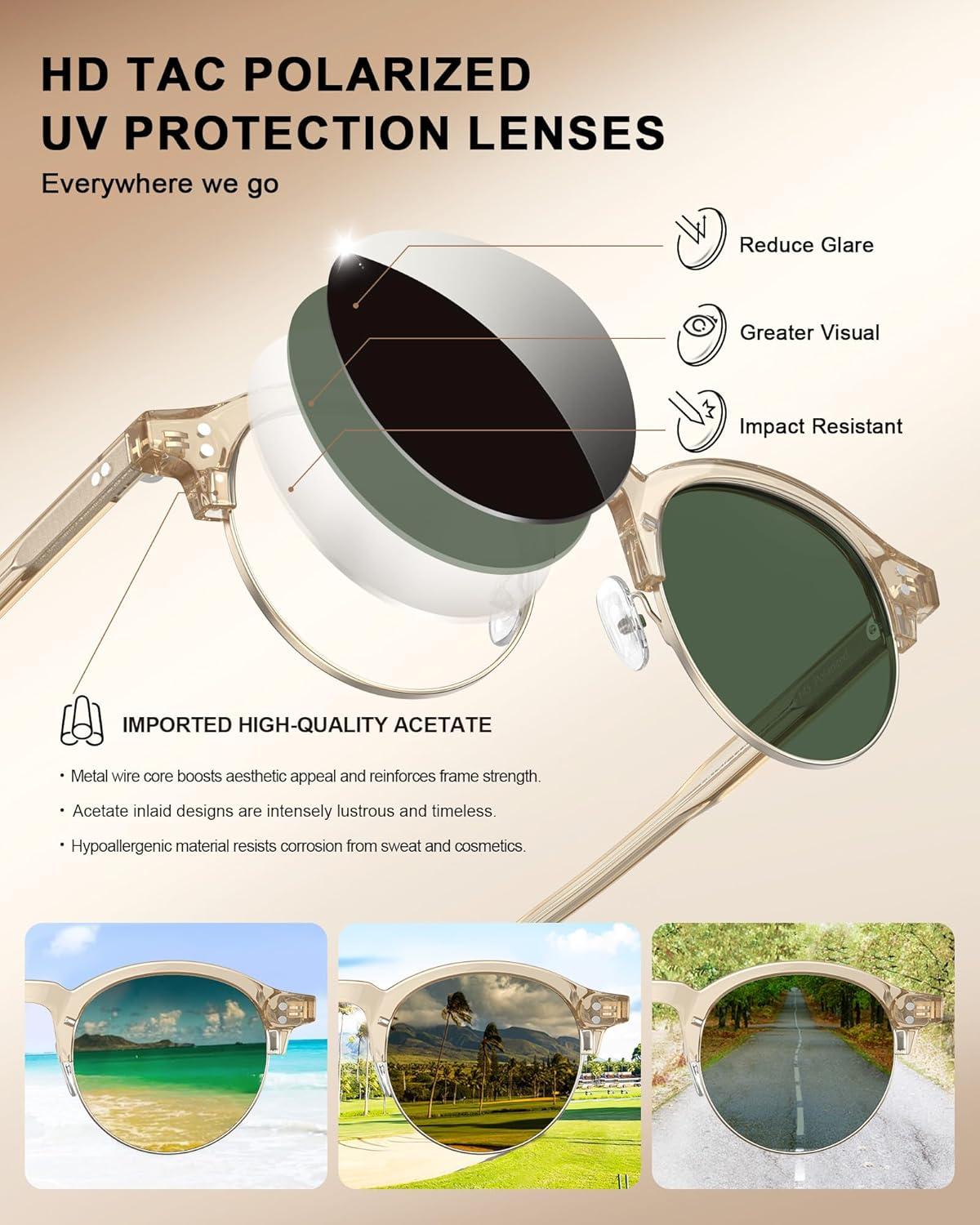 image:imageCARFIA Retro Round Polarized Sunglasses For Men Acetate SemiRimless Frames Driving Sun Glasses UV 400 Protection5 Tea Frame Green Lens
