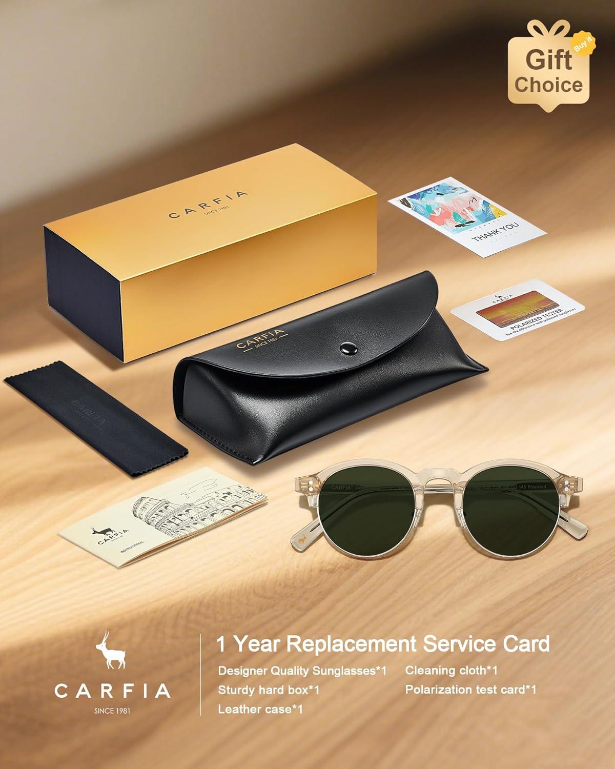 image:imageCARFIA Retro Round Polarized Sunglasses For Men Acetate SemiRimless Frames Driving Sun Glasses UV 400 Protection5 Tea Frame Green Lens
