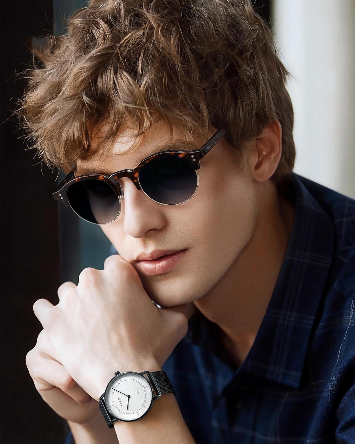 image:imageCARFIA Retro Round Polarized Sunglasses For Men Acetate SemiRimless Frames Driving Sun Glasses UV 400 Protection6 Tortoise Frame Blue Lens