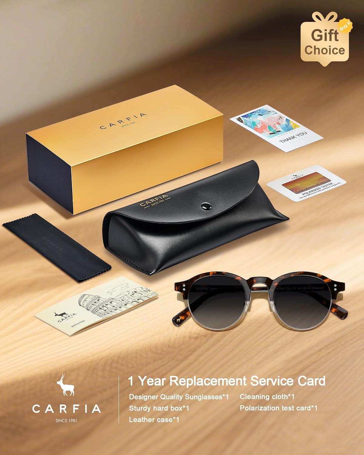 image:imageCARFIA Retro Round Polarized Sunglasses For Men Acetate SemiRimless Frames Driving Sun Glasses UV 400 Protection6 Tortoise Frame Blue Lens