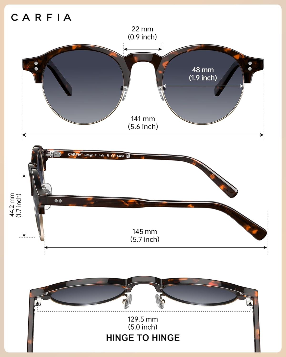 image:imageCARFIA Retro Round Polarized Sunglasses For Men Acetate SemiRimless Frames Driving Sun Glasses UV 400 Protection6 Tortoise Frame Blue Lens