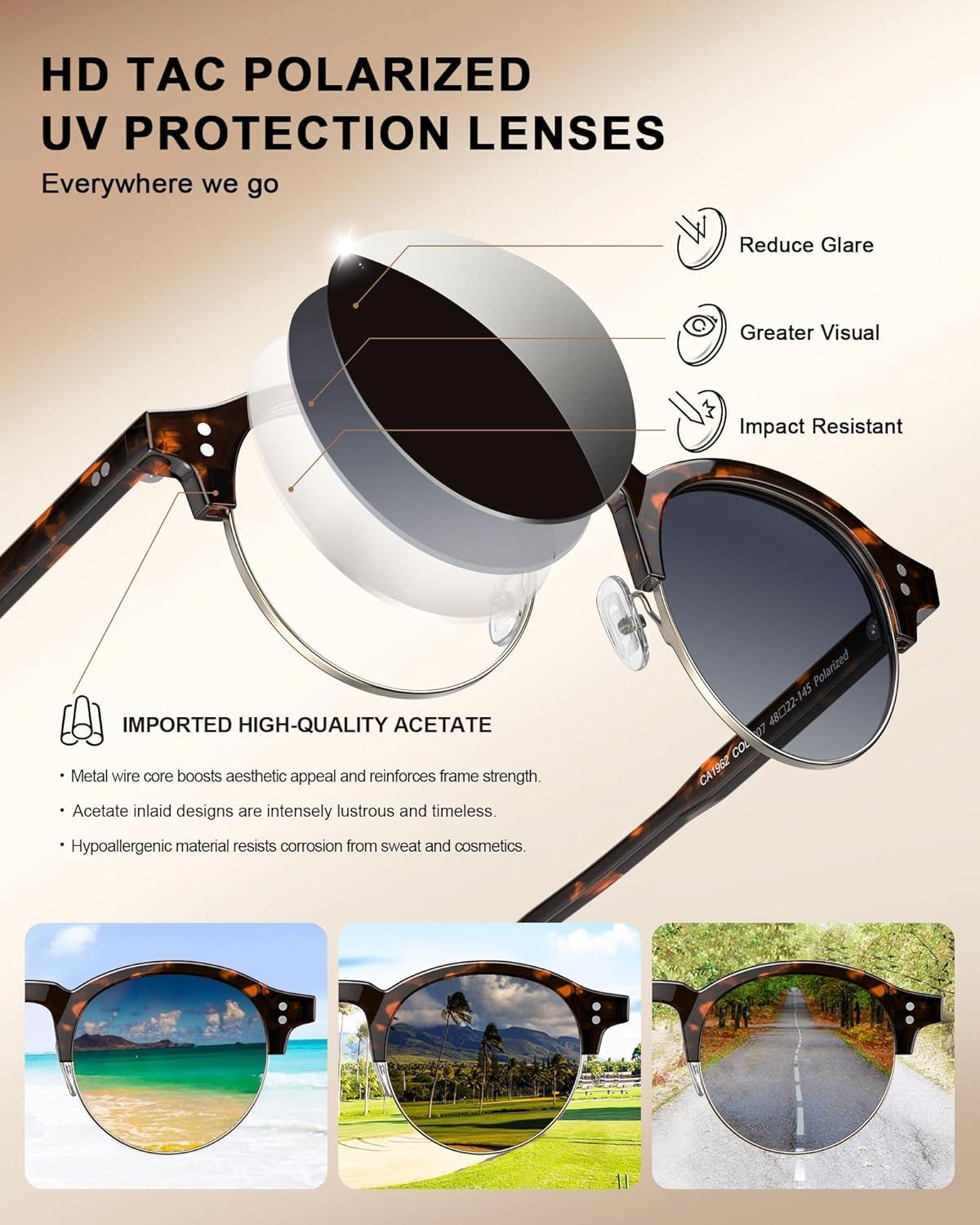 image:imageCARFIA Retro Round Polarized Sunglasses For Men Acetate SemiRimless Frames Driving Sun Glasses UV 400 Protection6 Tortoise Frame Blue Lens