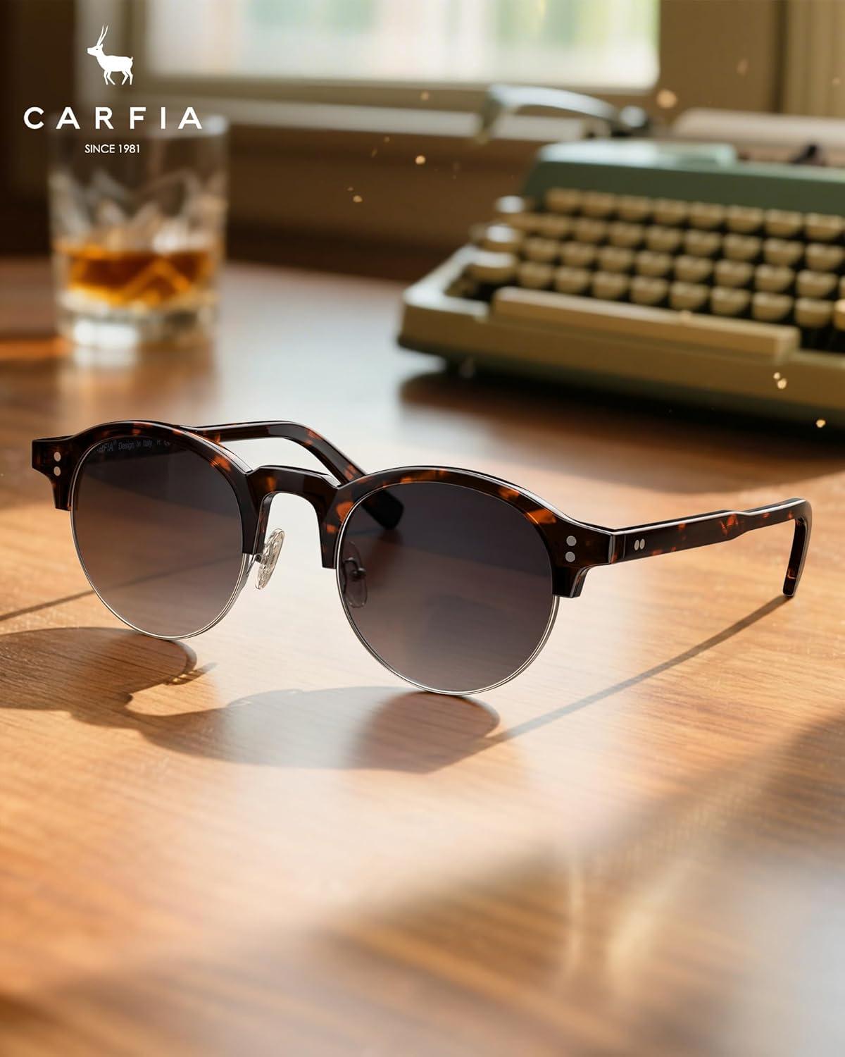 image:imageCARFIA Retro Round Polarized Sunglasses For Men Acetate SemiRimless Frames Driving Sun Glasses UV 400 Protection6 Tortoise Frame Blue Lens