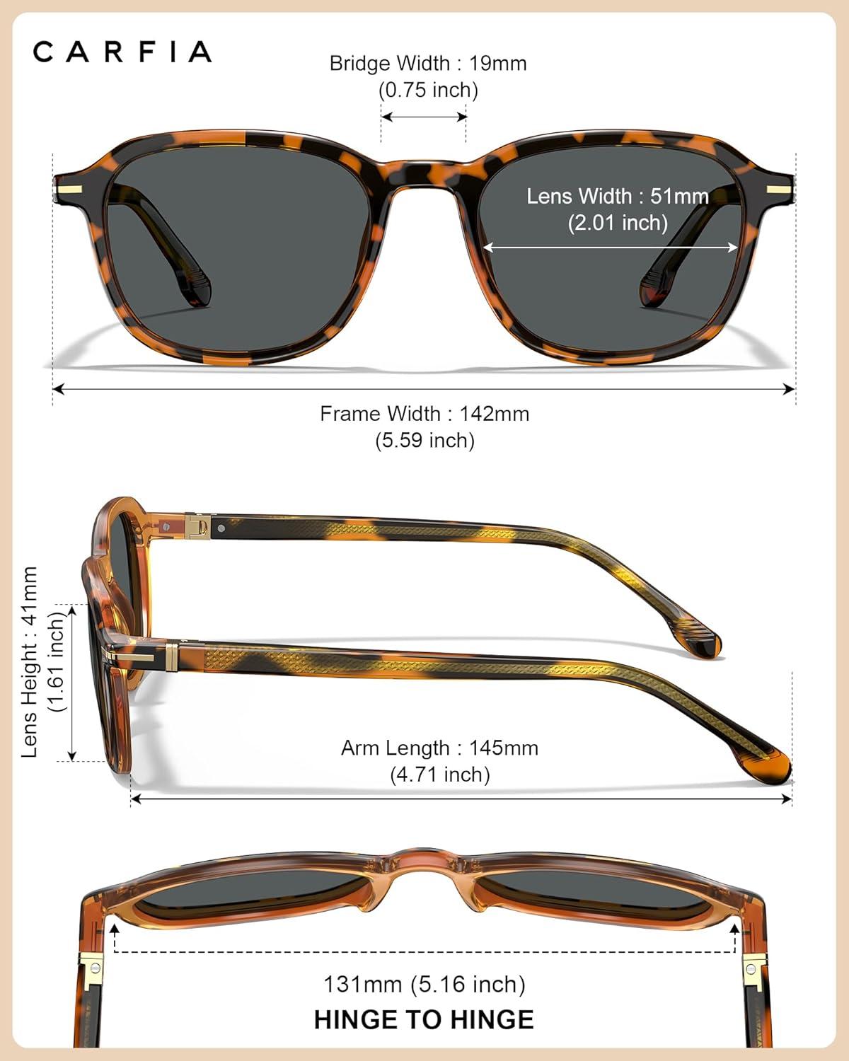image:imageCARFIA Square Polarized Sunglasses for Men Fashion Geometric Acetate Frame Flexible Driving Golf Shades UV Protection1 Tortoise Frame Grey Lens
