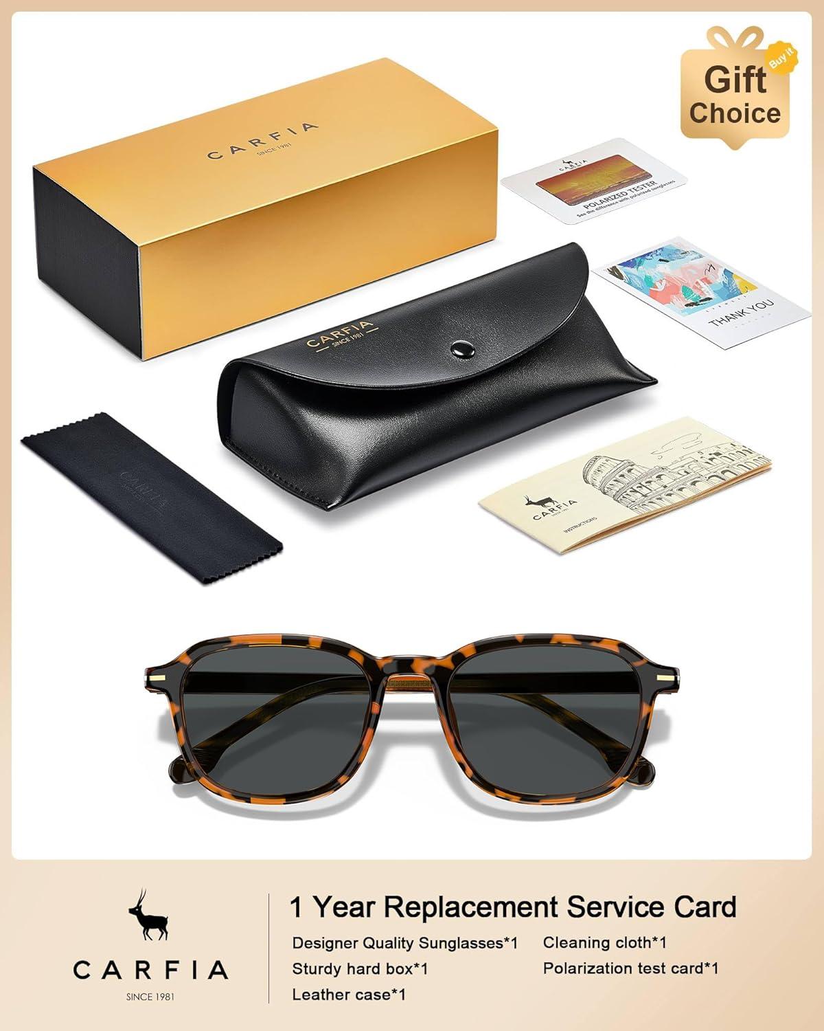 image:imageCARFIA Square Polarized Sunglasses for Men Fashion Geometric Acetate Frame Flexible Driving Golf Shades UV Protection1 Tortoise Frame Grey Lens