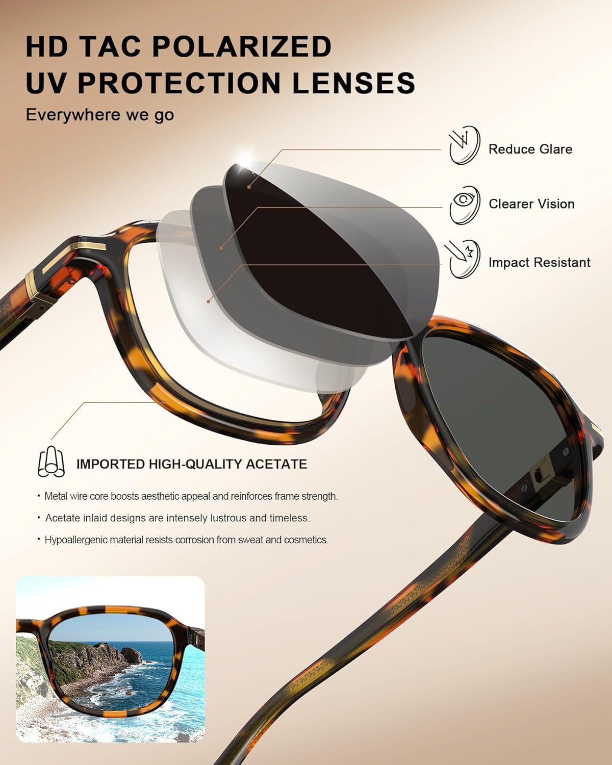 image:imageCARFIA Square Polarized Sunglasses for Men Fashion Geometric Acetate Frame Flexible Driving Golf Shades UV Protection1 Tortoise Frame Grey Lens