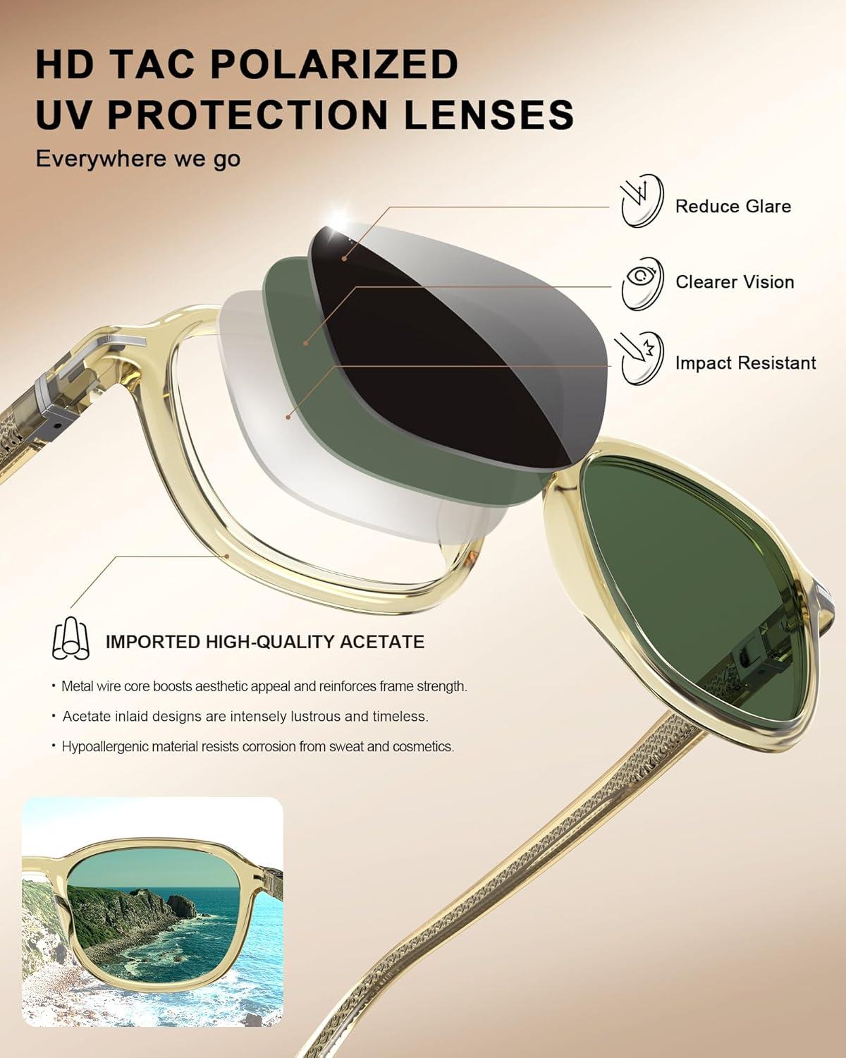 image:imageCARFIA Square Polarized Sunglasses for Men Fashion Geometric Acetate Frame Flexible Driving Golf Shades UV Protection2 Light Yellow Frame Green Lens