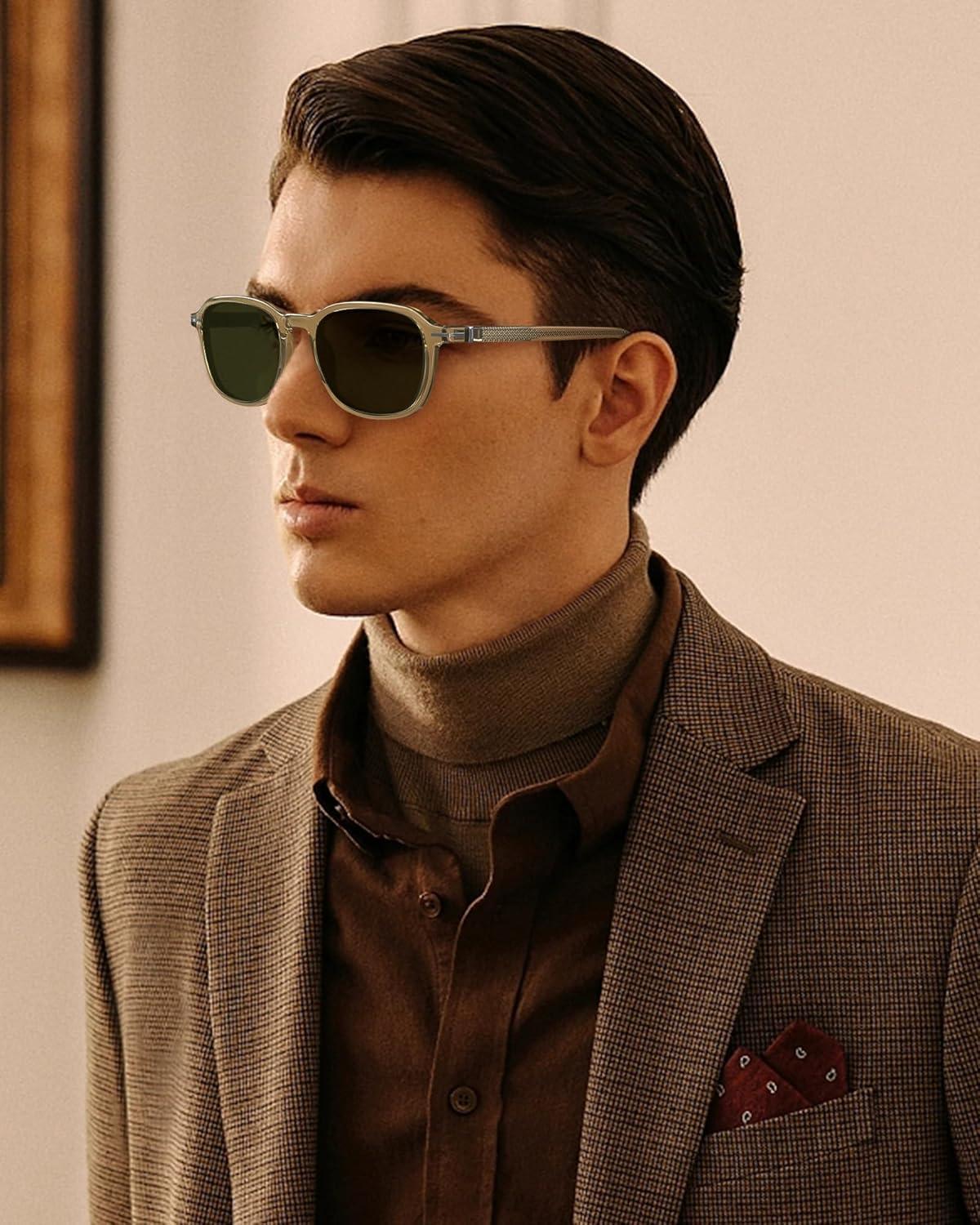 image:imageCARFIA Square Polarized Sunglasses for Men Fashion Geometric Acetate Frame Flexible Driving Golf Shades UV Protection2 Light Yellow Frame Green Lens