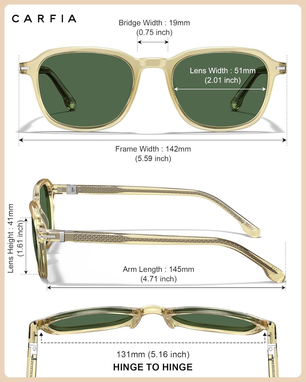 image:imageCARFIA Square Polarized Sunglasses for Men Fashion Geometric Acetate Frame Flexible Driving Golf Shades UV Protection2 Light Yellow Frame Green Lens