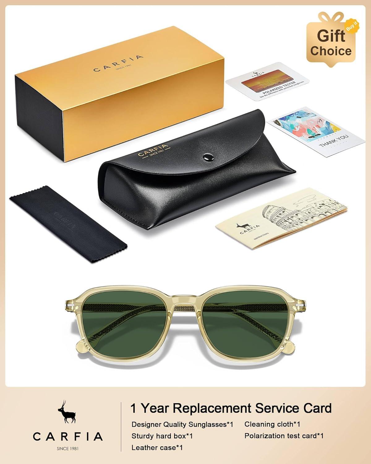 image:imageCARFIA Square Polarized Sunglasses for Men Fashion Geometric Acetate Frame Flexible Driving Golf Shades UV Protection2 Light Yellow Frame Green Lens