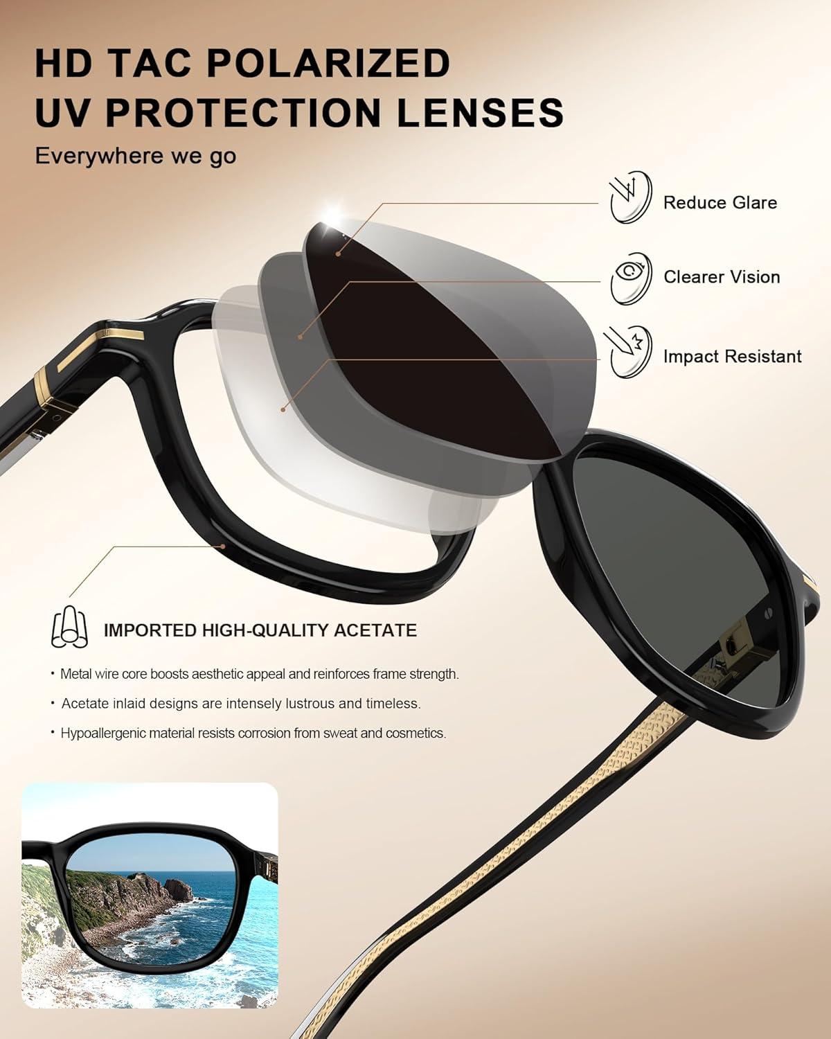 image:imageCARFIA Square Polarized Sunglasses for Men Fashion Geometric Acetate Frame Flexible Driving Golf Shades UV Protection3 Black Frame Grey Lens